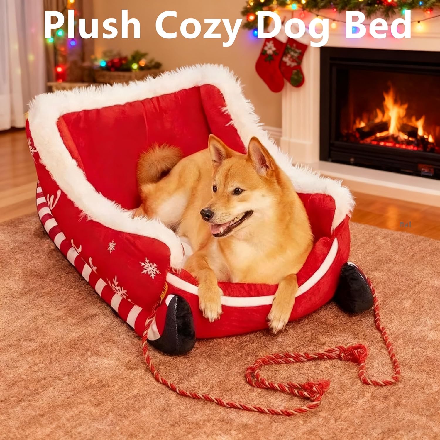 2026 New Festive Plush Christmas Sleigh Cozy Dog Bed, Plush Cozy Dog Bed, Christmas Pet Sofa for Dogs Cats, Indoor & Outdoor Use (M)
