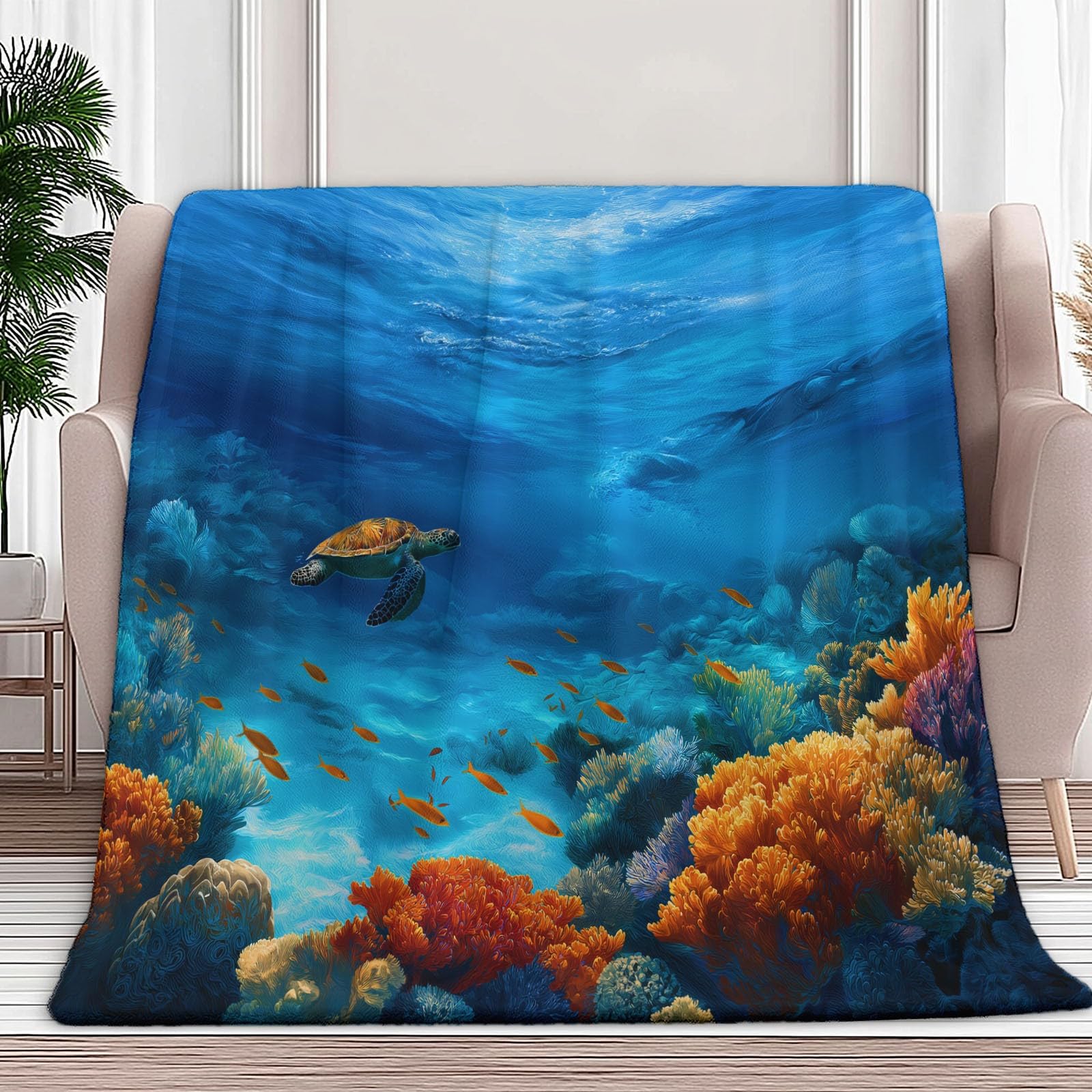 Jeté de canapé 180x220 cm doux en flanelle motif tortues marines et coraux bleus
