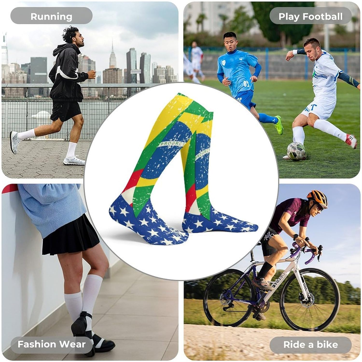 Am-ericans-and Brazil Flag Women Knee High Socks Novelty Thin Thigh Long Stockings Tube Sock Dress Casual