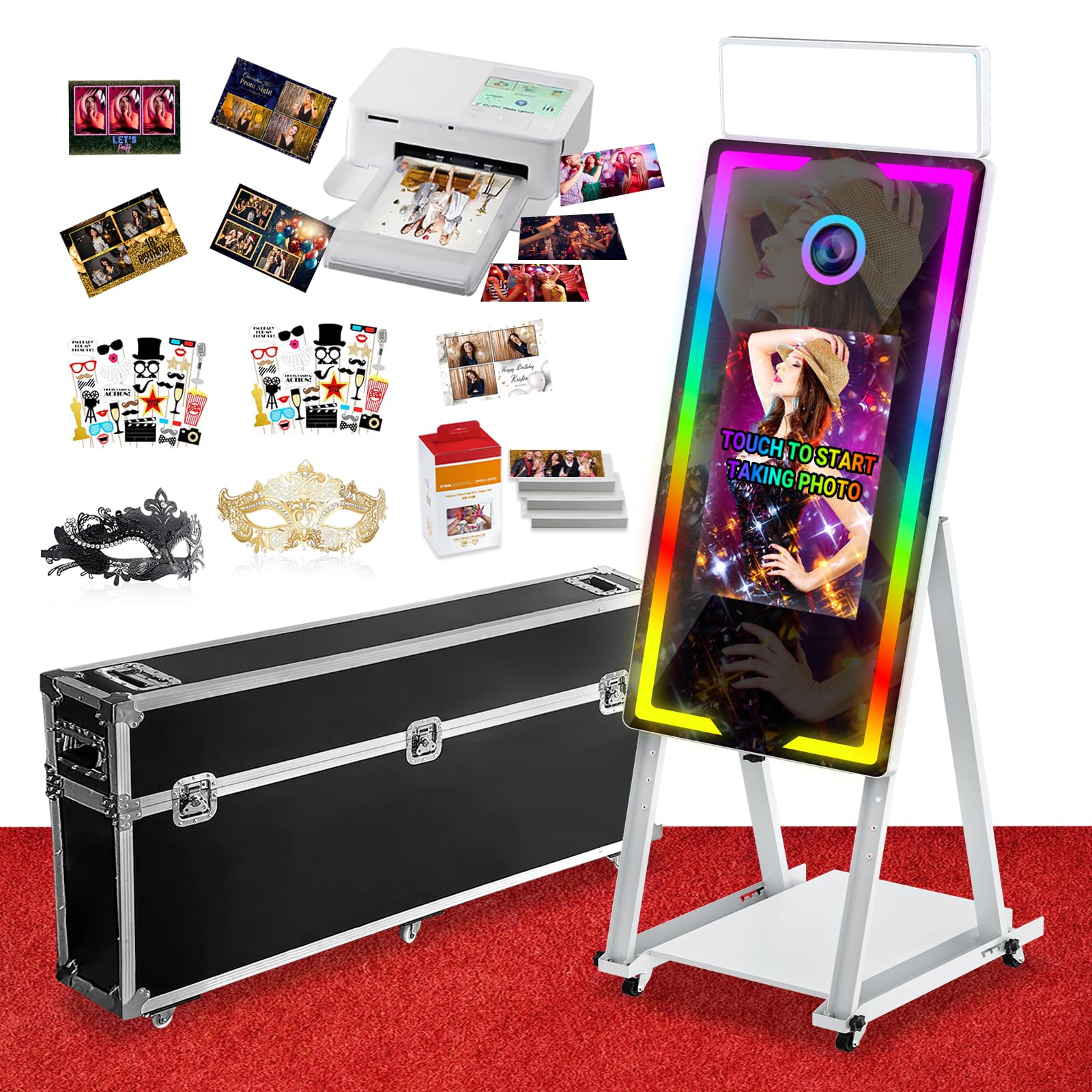Magic Mirror Photo Booth with Printer 45-22" Touch Screen DSLR Photo Booth with RGB Light Instant Printing and Sharing Professional PhotoBooth for Party (White-2)