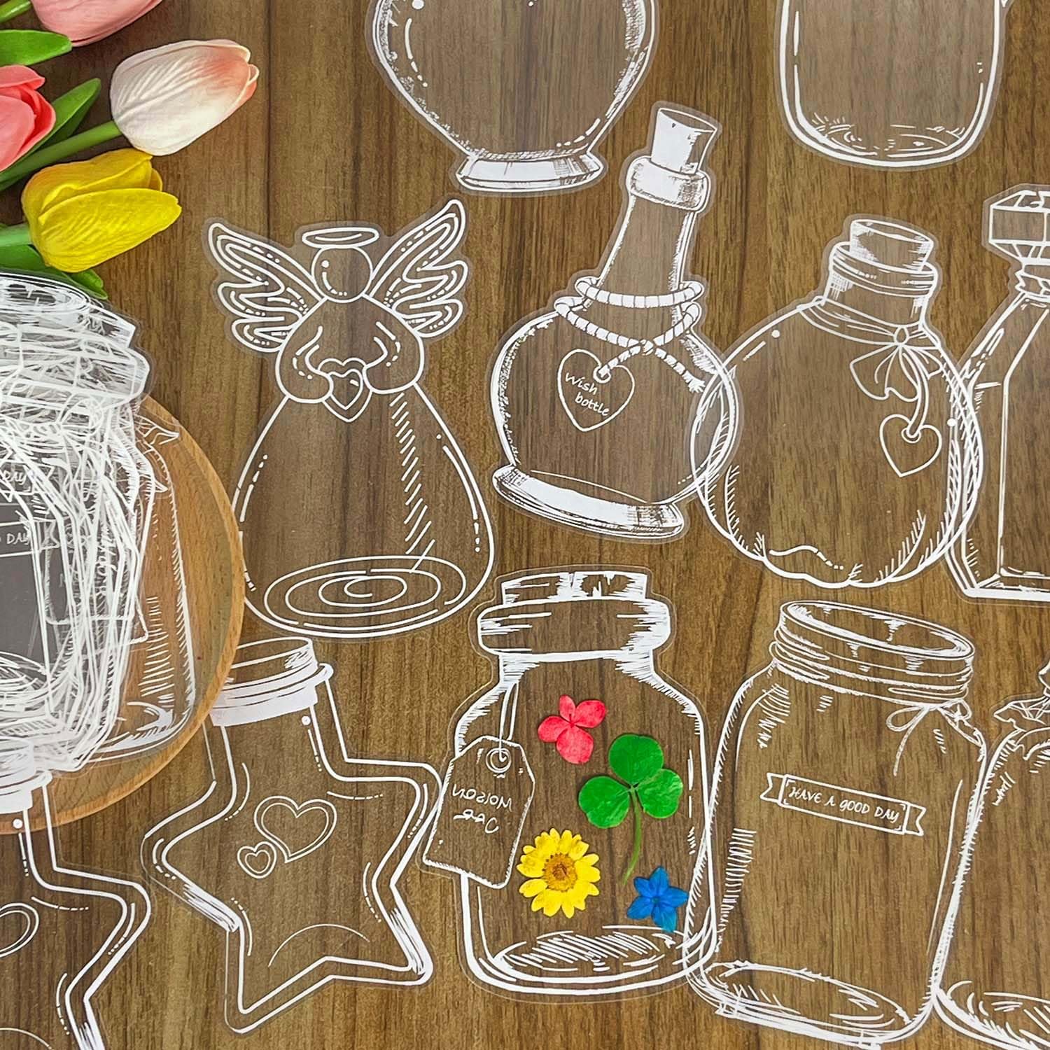 40pcs Transparent Dried Flower Bookmarks, Clear Herbarium Stickers Kit