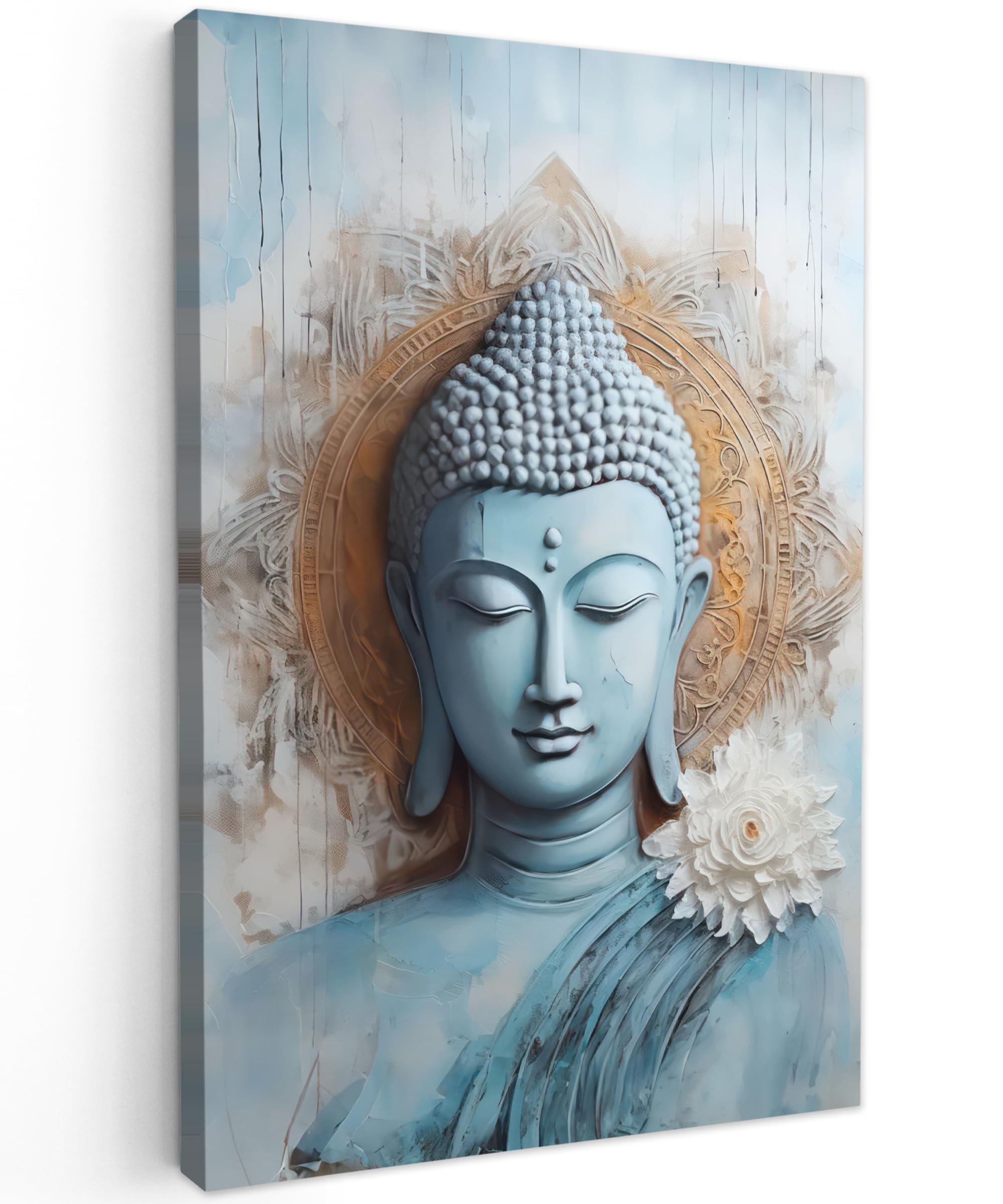 Gartenbild 80x120 cm Outdoor Deko Garten Leinwand Modern Wandbild Wetterfest Kunstdruck Terrasse Geschenke Draußen Buddha - Statue - Blau - Braun - Blume
