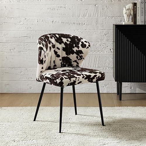 Miniatura 3 de HULALA HOME Silla de comedor moderna sin brazos, piel de vaca con estampado de animales, silla auxiliar tapizada con patas de metal negro, silla de