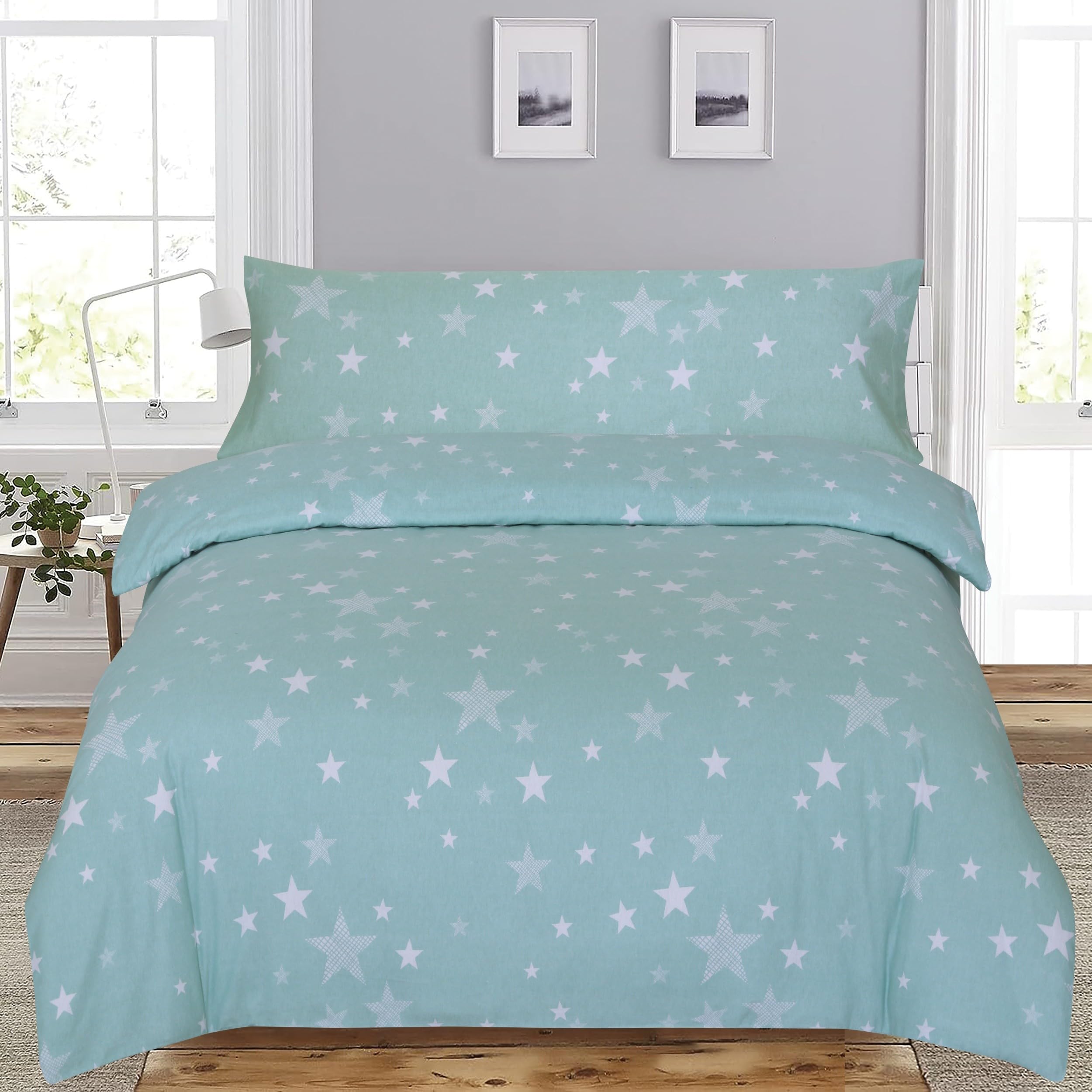DHESTIA HOME - Funda Nórdica Franela de Invierno 100% Algodón Stars - Color Agua, Talla Cama 105