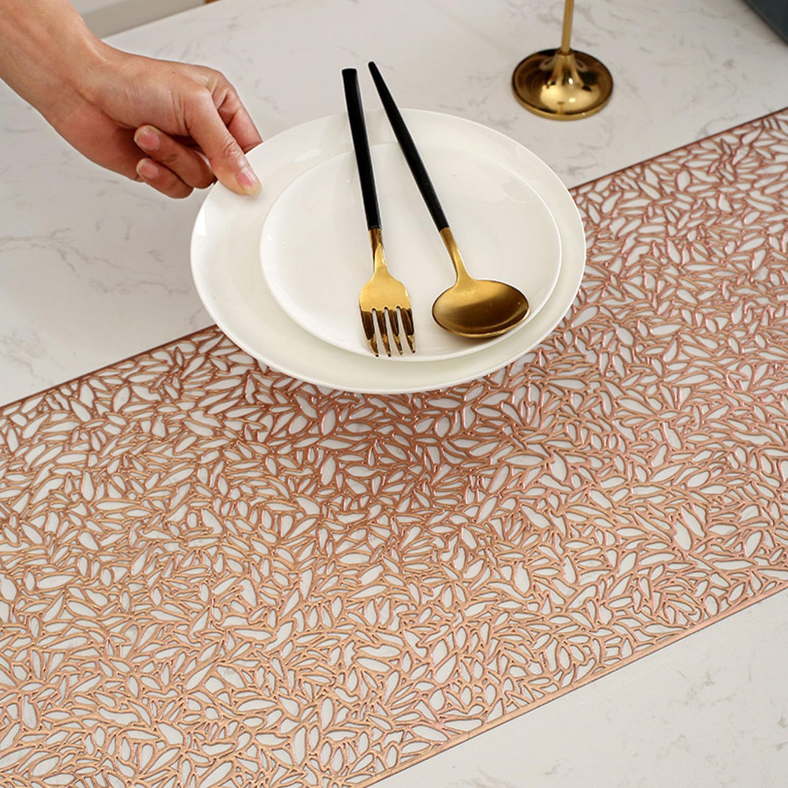 Hosoncovy Hollow Table Runner Non-slip Decorative PVC Table Mats Placemat Heat Resistant Mats for Home Party Kitchen Dining Wedding Decor (150CM X 30CM) (Rose Gold) - Image 2