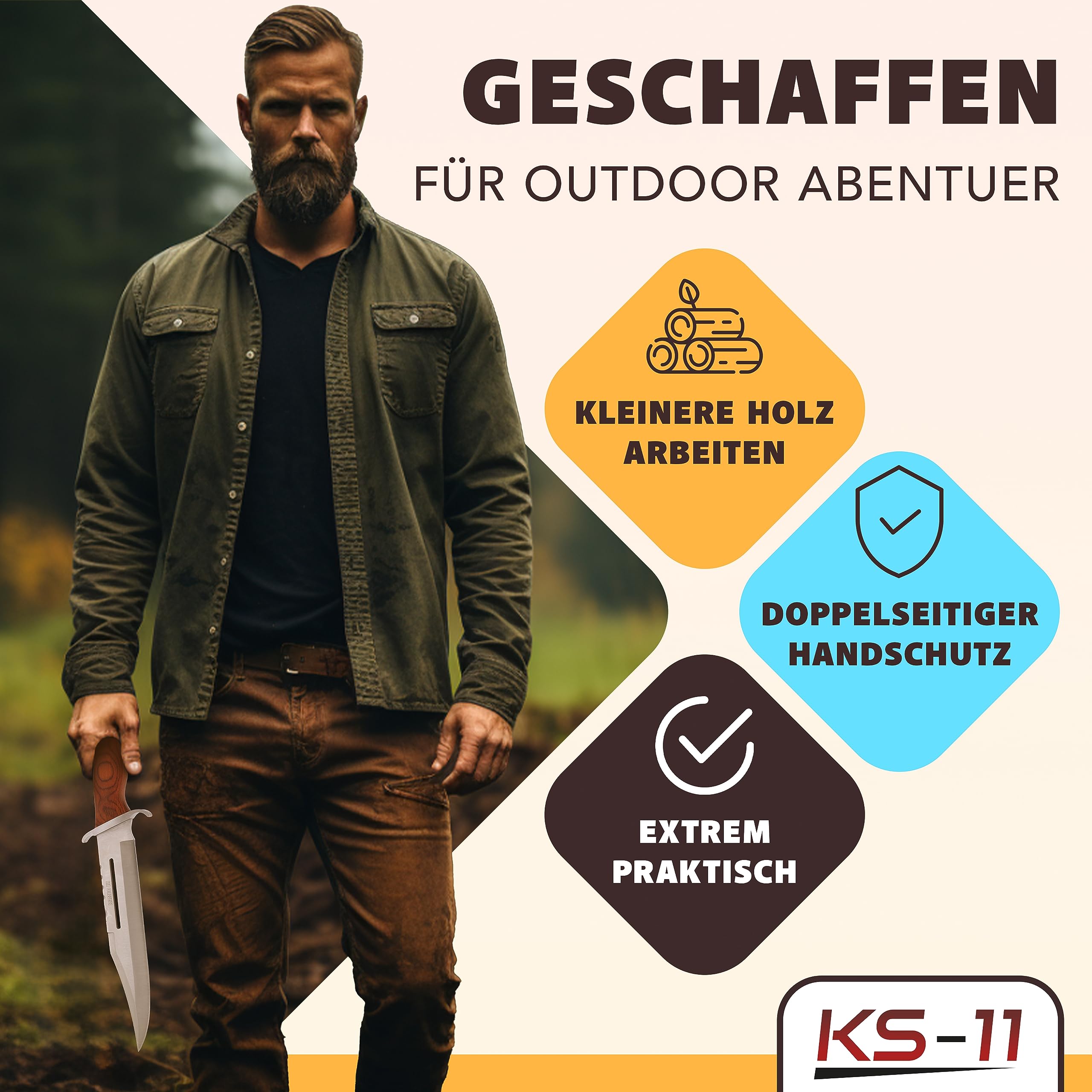 KS-11 Bärentöter im Stil von Rambo III Messer - First Blood Part 3 - Outdoor - Survival - Jagd - Holzgriff - FullTang Mega Kult Bushcraft Messer mit Lederscheide
