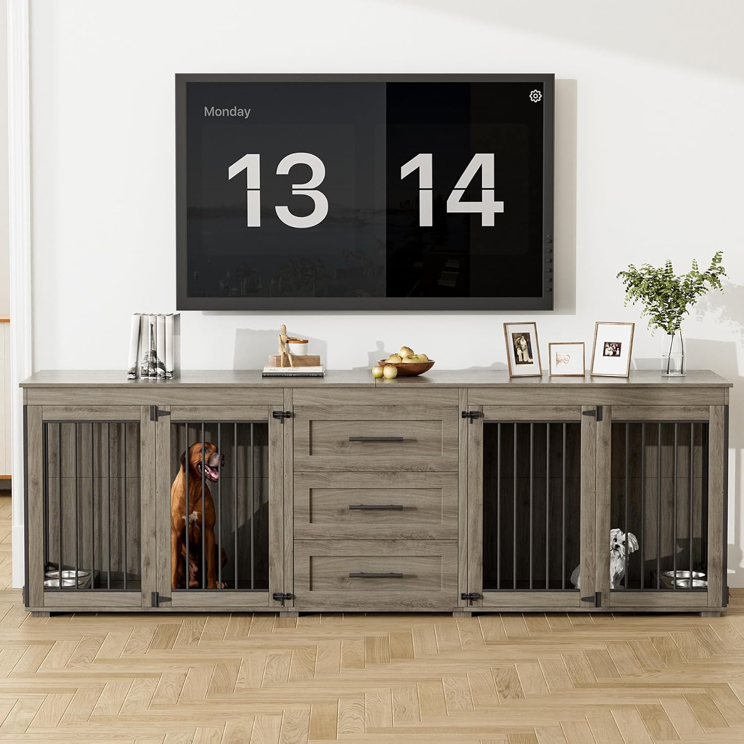 OUYESSIR 94.5" Large Dog Crate Furniture for 2 Dogs, Double Wooden Dog Kennel Furniture with 4 Dog Bowls & 3 Drawers, Heavy Duty Indoor Furniture Style Dog Cage TV Stand/Table/House, Grey