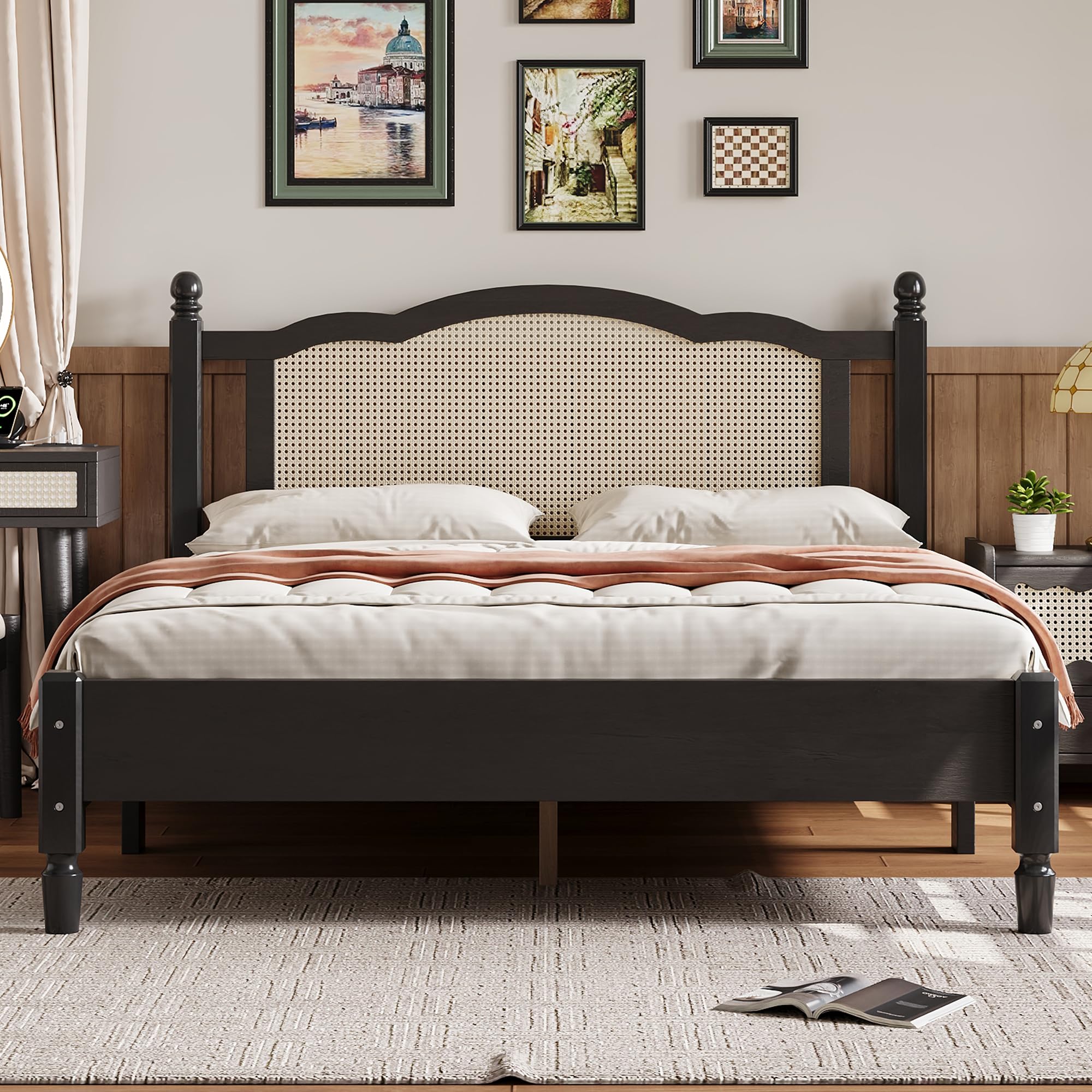 Mirightone Queen Size Platform Bed with Natural Rattan Headboard, Vintage Style Wood Queen Bed Frames, Queen Bed with Wooden Slat Support for Bedroom,