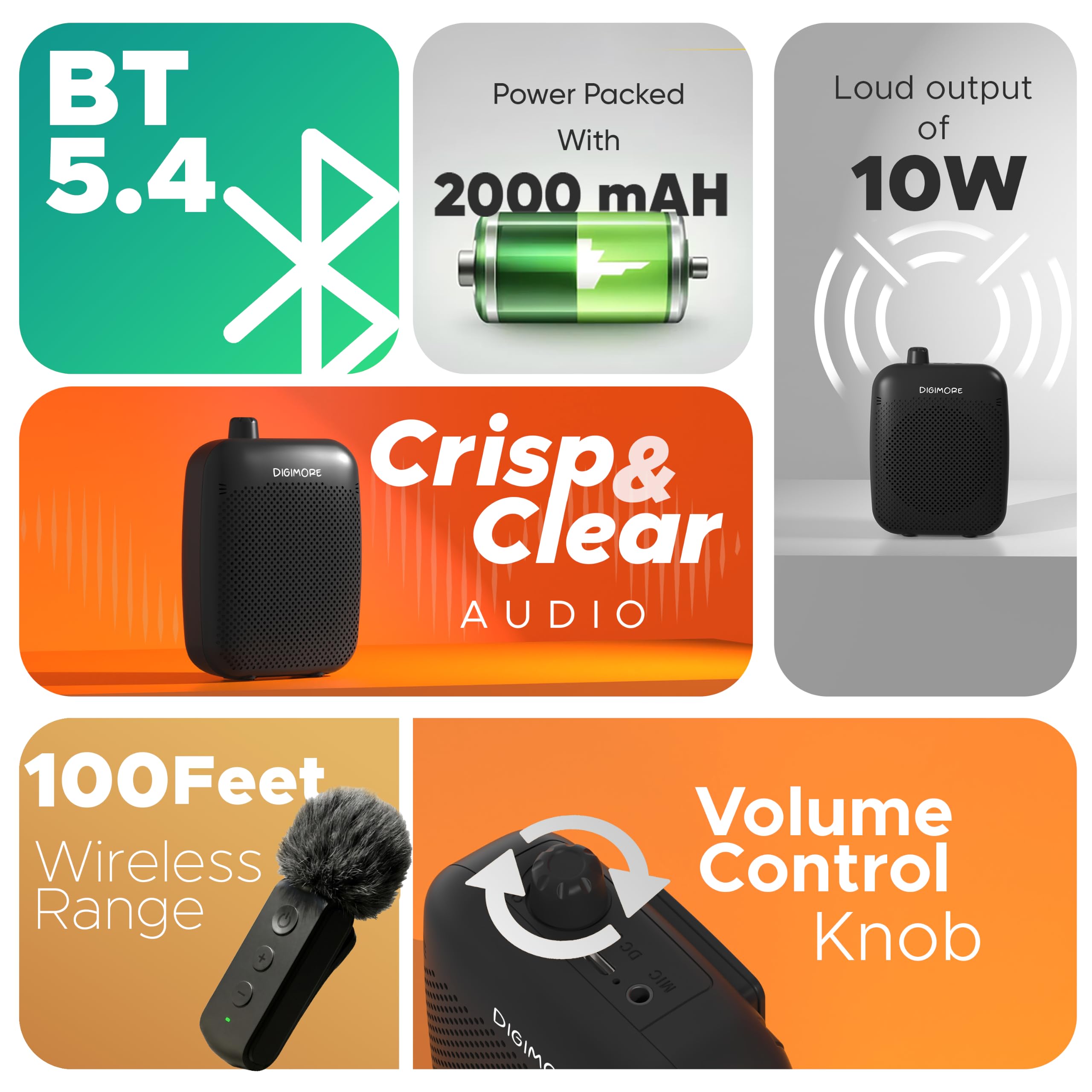 DIGIMORE Amplificatore vocale wireless con microfono a collare | Bluetooth | Altoparlante da 10 W | Microfono wireless a collare con portata di 30,5 m e batteria da 12 ore | Ideale per insegnanti