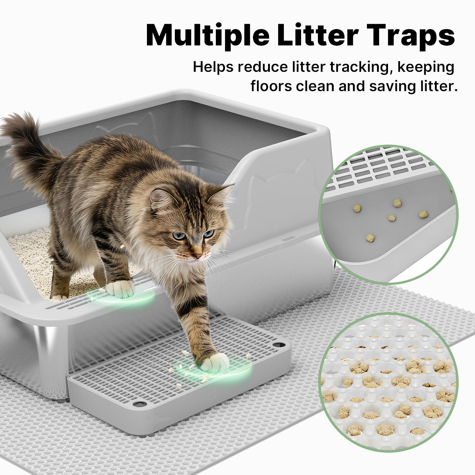 Stainless Steel Litter Box XL for Big Cats, Large Metal Cat Litter Box, High Sided Stainless Steel Pan Litterbox, Easy Clean Non-Stick, Included Scoop & Pedal & Mat, Light Grey - 5