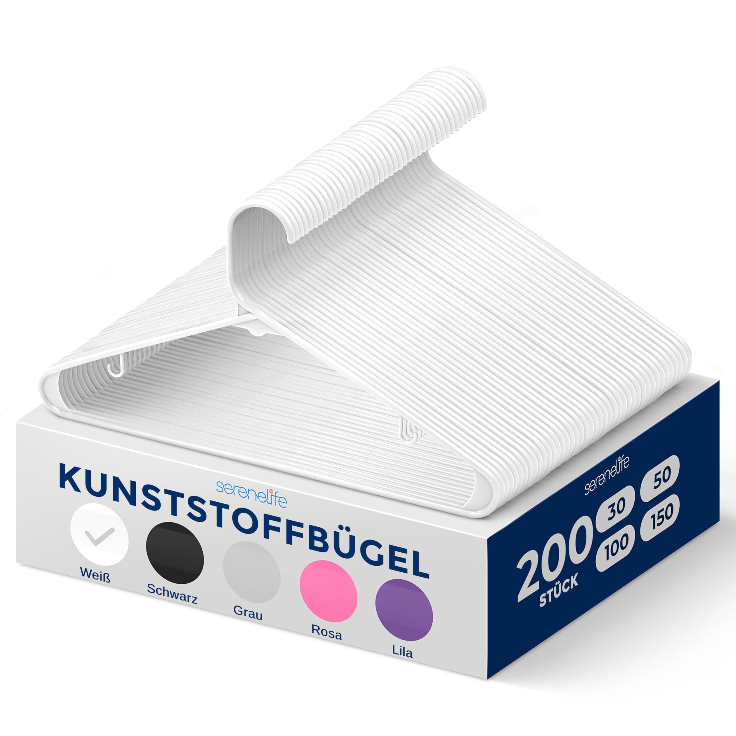 SereneLife Kleiderbügel Weiß Kunststoff – 200 Stück, 41 cm, 0,6 cm dünn | rutschfest & platzsparend Ultradünne Hangers für Haushalt, Geschäft & Gewerbe