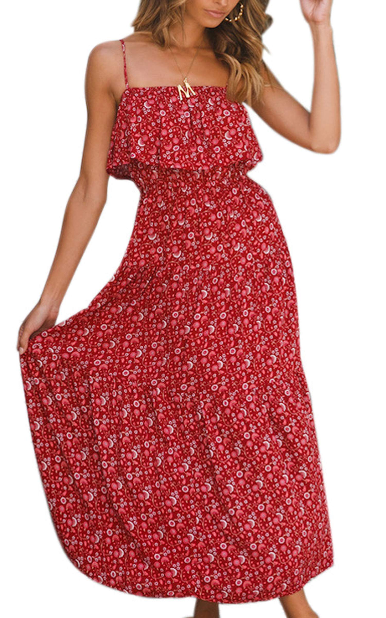 ECOWISH Damen Kleider Lang Boho Sommerkleider Träger Rückenfrei Casual Midi Strandkleid