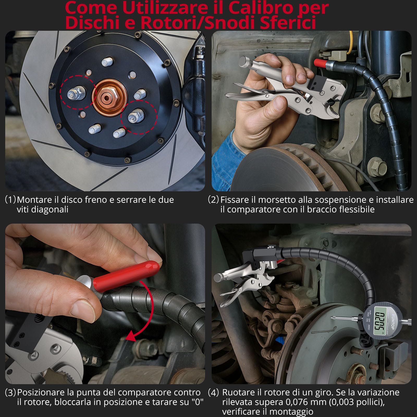 XUNTOP Comparatore Digitale 0-25.4MM per Dischi e Rotori/giunti Sferici con Indicatore Digitale con Braccio Flessibile da 13,77” e Pinza di Bloccaggio da 7" per il Settore Automobilistico, Meccanico