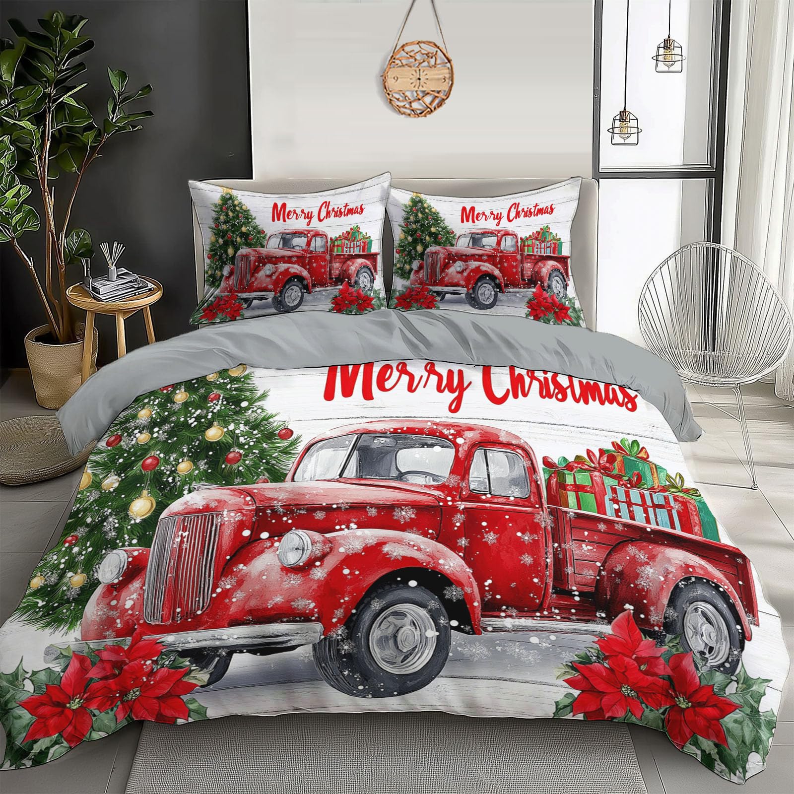 Housse de couette 140x200 lit simple avec 2 taies literie Noël rouge et vert