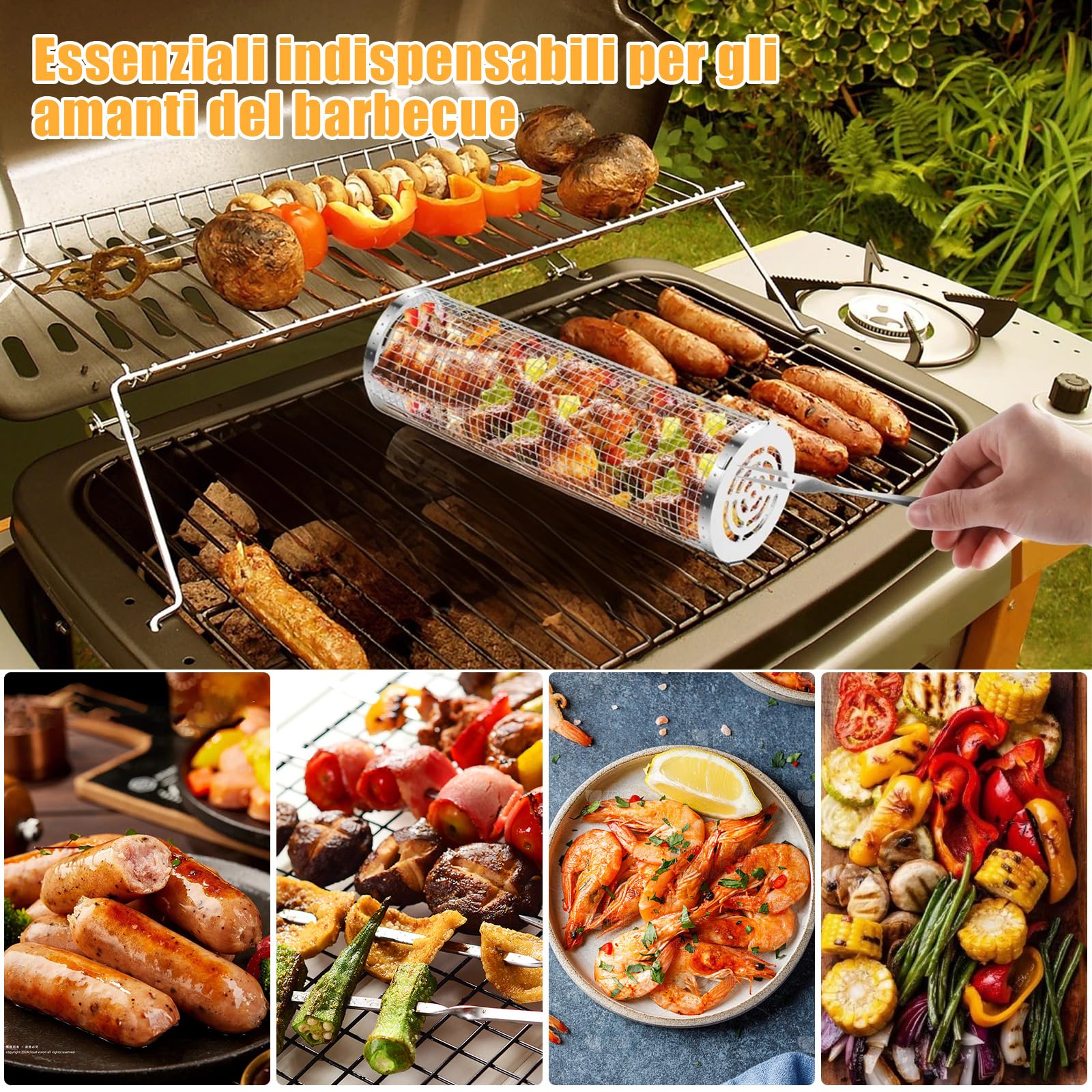 Cestini per Grigliare Rotante 2 Pezzi Cestello per Grigliate Acciaio Inox con Manico Rimovibile Cesto per Barbecue, Accessori per Barbecue All Aperto per Verdure e Gamberi