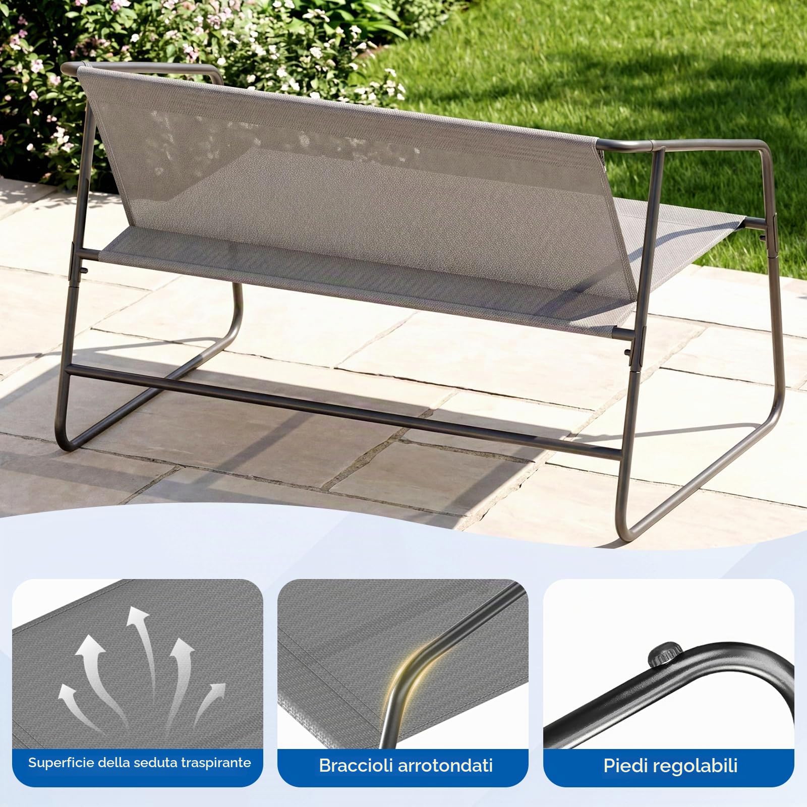 Clevich Set Salotto da Giardino 4 Pezzi in Textilene, Mobili da Esterno con Piedini Regolabili, Resistente agli Agenti Atmosferici, Adatto per Terrazzo, Giardino e Spazi Esterni, Grigio