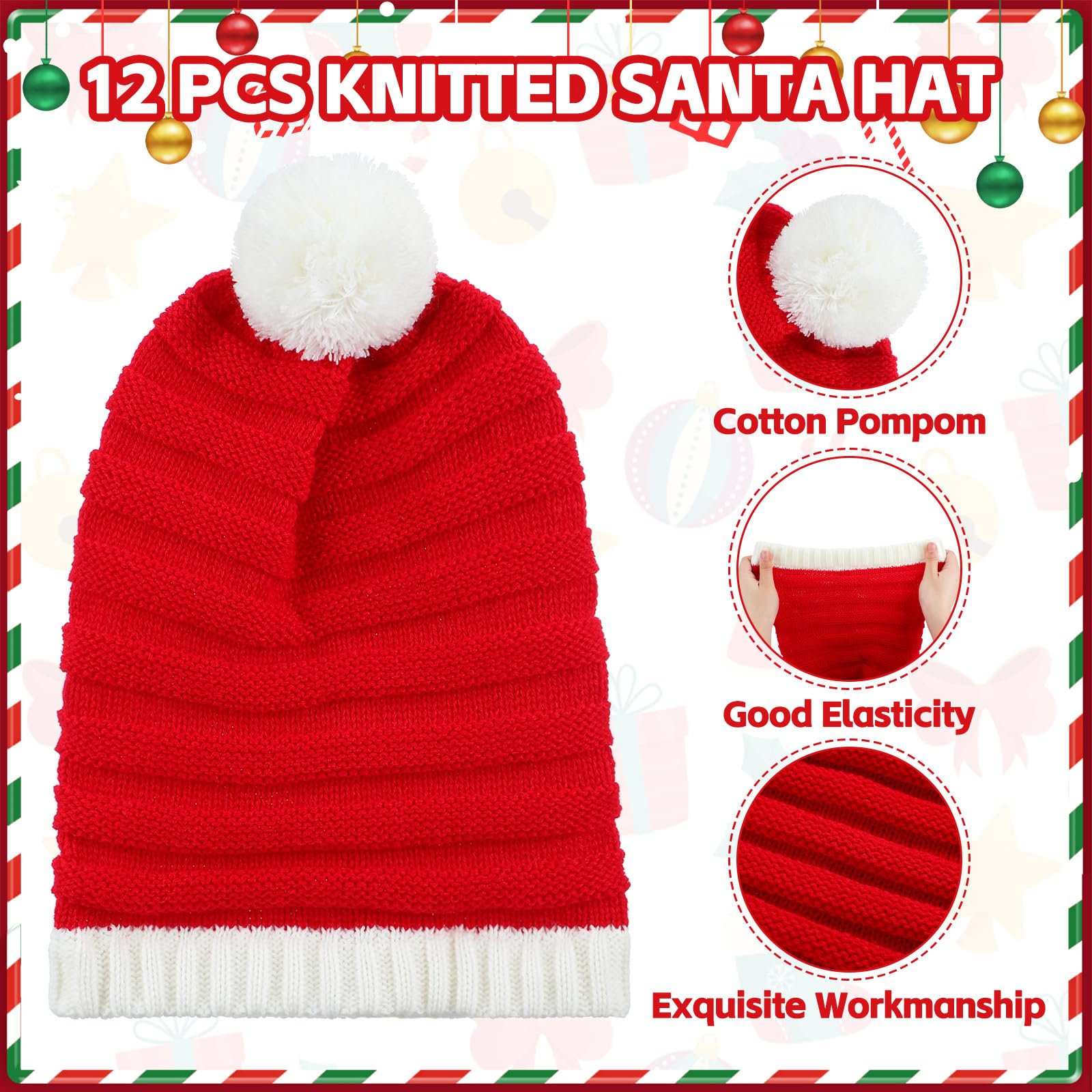 Ramede 12 gorros de elfo de punto de Navidad para adultos, gorro de invierno con pompón, gorras de ganchillo a granel para mujeres y hombres