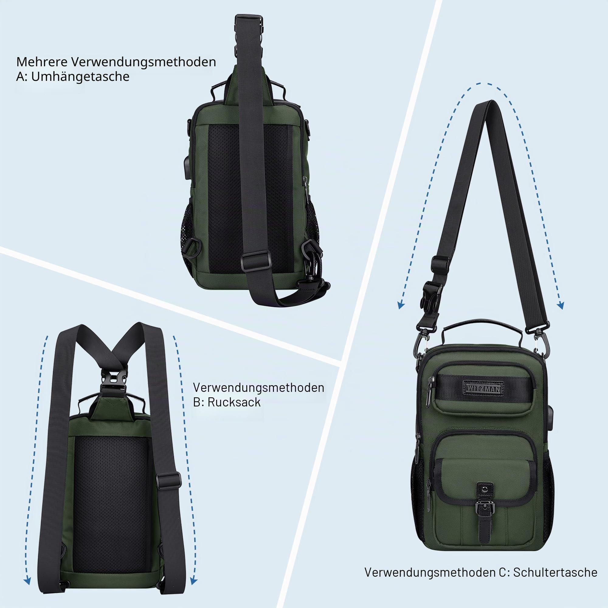 WITZMAN Umhängetasche für Herren, umwandelbarer Sling-Rucksack mit USB-Port