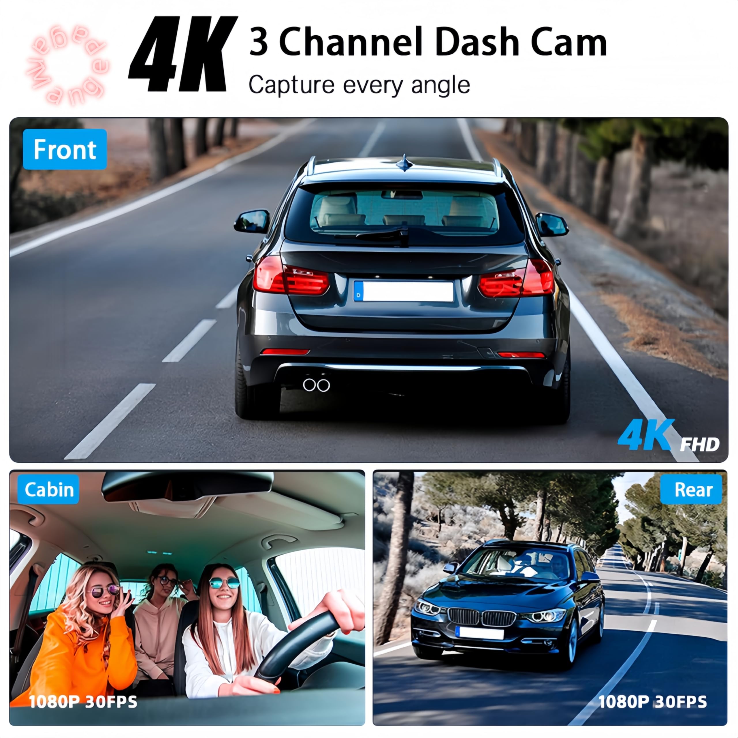 4K 3 Channel Dash Cam with GPS & 5GHz WiFi, 2160P+1080P+1080P Triple Car Camera, Front Inside Rear, 64GB Card, 3.16