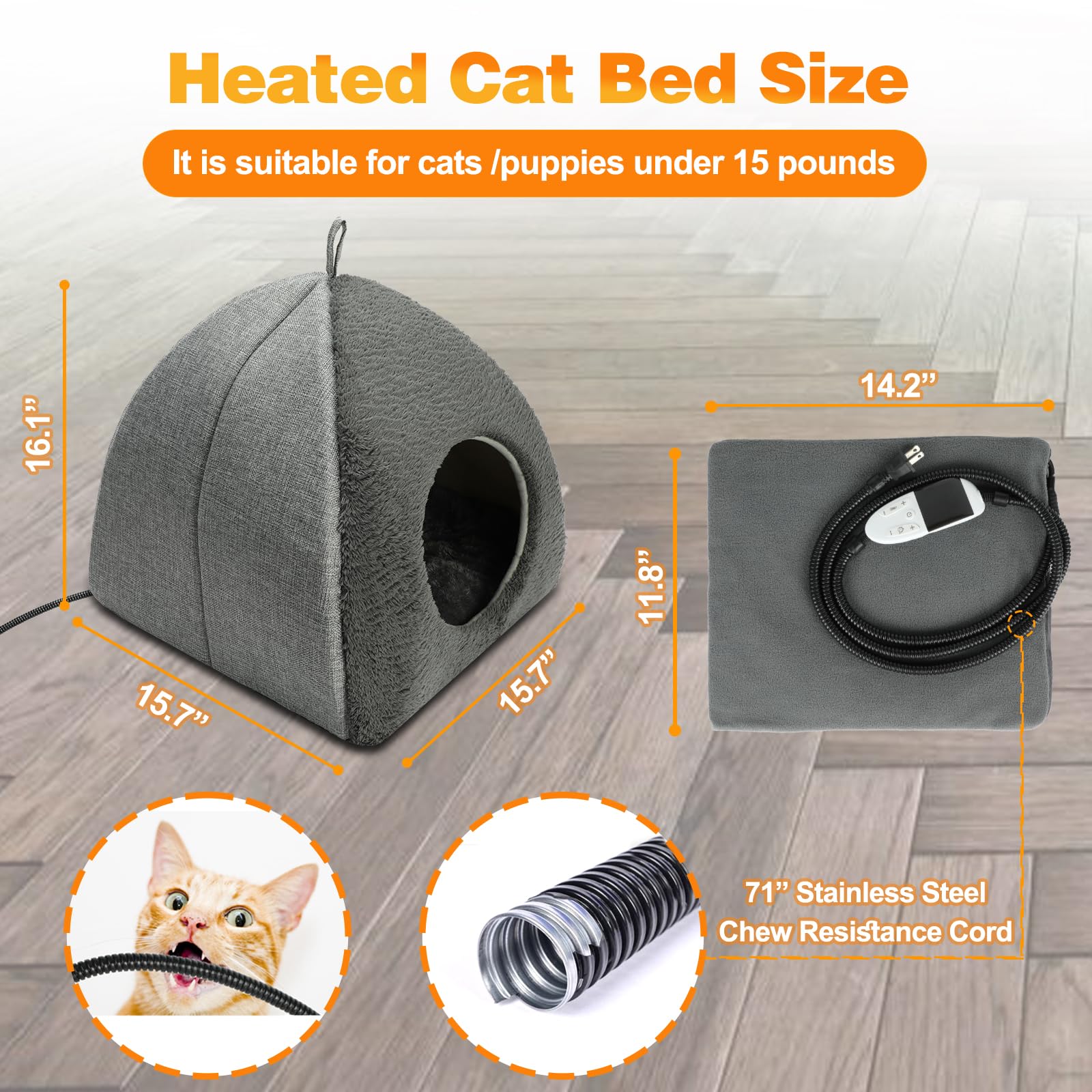 BWOGUE Letto riscaldato per gatti 2 in 1, letto riscaldato per gatti, con temperatura regolabile e timer, cuccia riscaldante per gatti da interni, gatti anziani, 42 x 42 x 41 cm (tappetino riscaldante