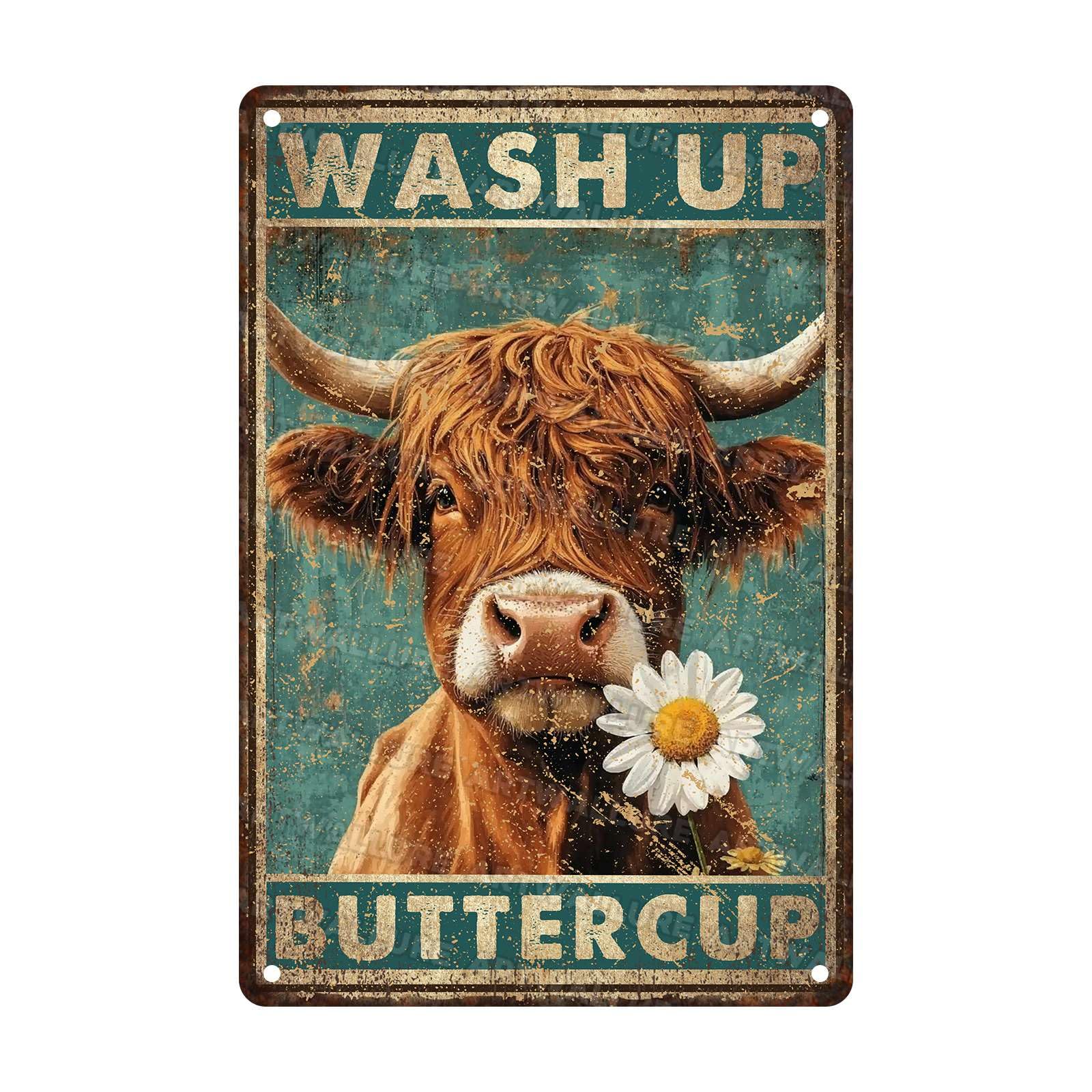 Retro Funny Cow Bathroom Sign Wash Up Buttercup Vintage Highland Cow Metal Tin Poster Wall Art for Toilet or Country Home Decor 8x12Inch