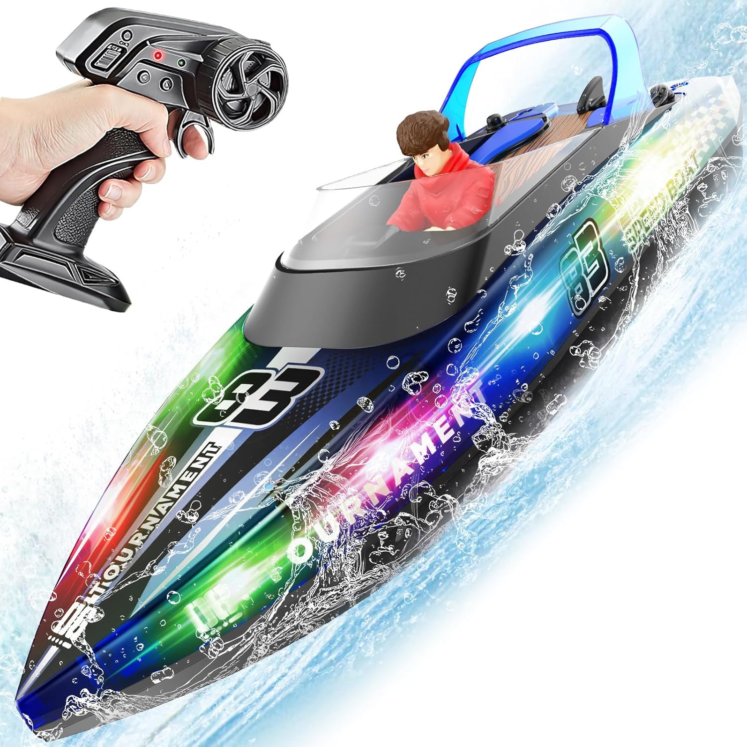 RC Boat with LED Lights, 40+ Mins, Self-Righting Waterproof Remote Control Boat for Pools, Lakes, Bathtubs, Summer Water Toys for Kids, Radio Controlled Watercraft (Blue)