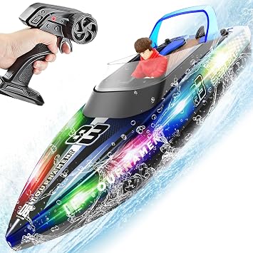 RC Boat with LED Lights, 40+ Mins, Self-Righting Waterproof Remote Control Boat for Pools, Lakes, Bathtubs, Summer Water Toys for Kids, Radio Controlled Watercraft Blue