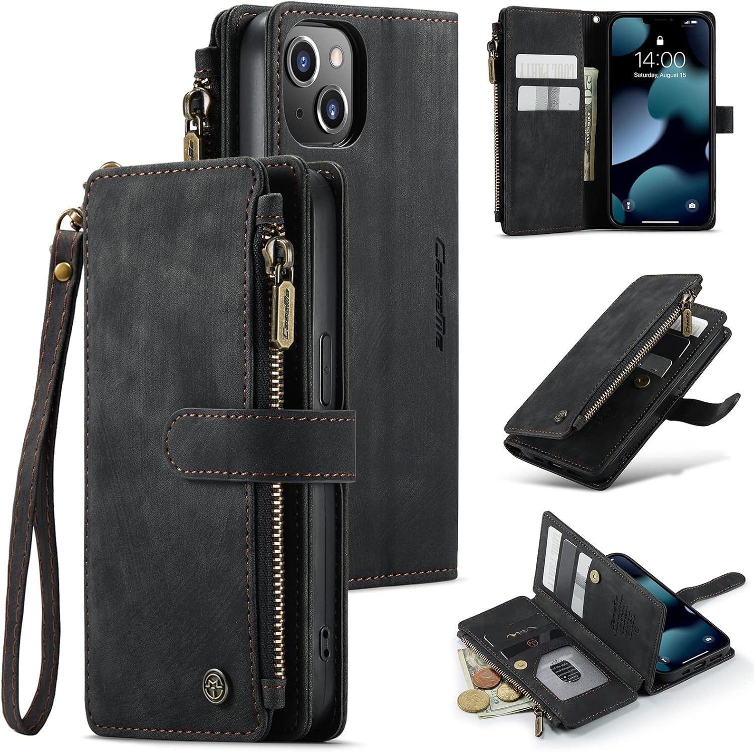 iPhone 13 5G Wallet Case with Card Holder Kickstand Magnetic Zipper Pocket Lanyard Strap Wristlet,Leather Flip Case Wallet for iPhone 13 5G 6.1 Inch(Black)