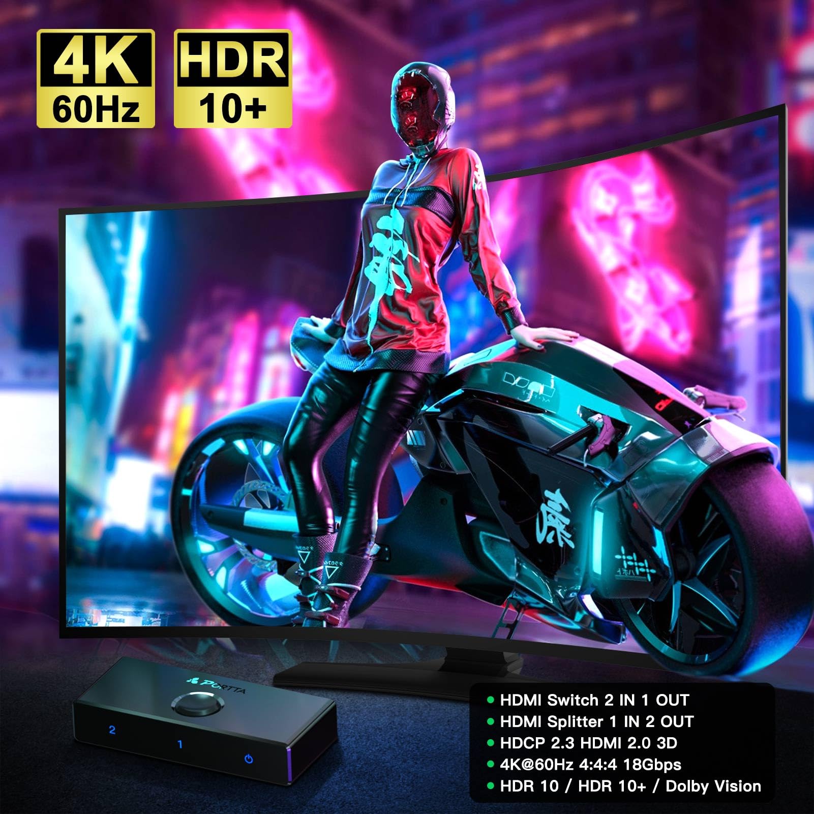 Portta Switch HDMI 4K 60Hz Biidirezionale Slitter 1 in 2 OUT Switcher 2 in 1 Out Hub HDR HDCP2.3 3D
