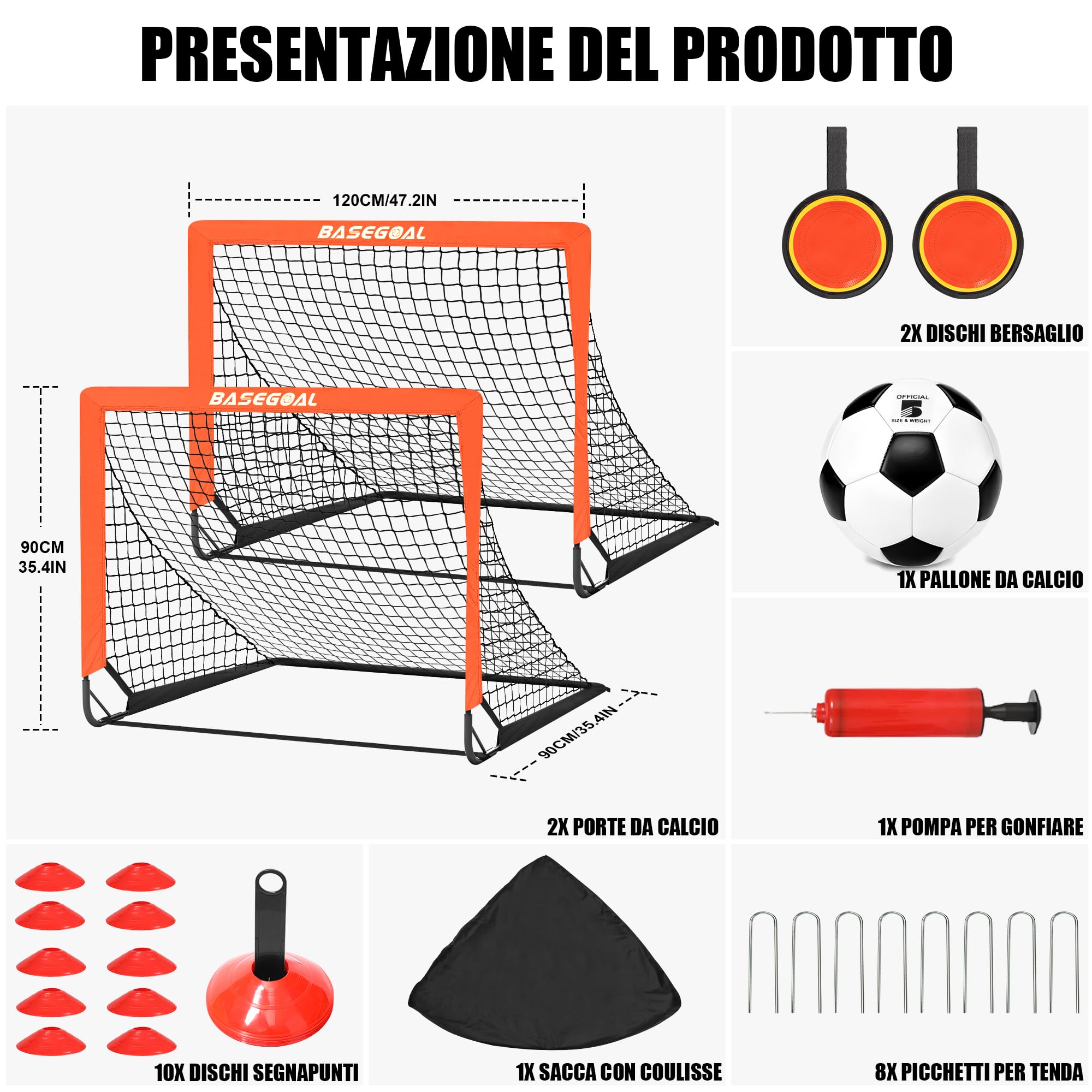 BaseGoal Set di 2 Porte da Calcio per Giardino 120x90cm con Calcio n. 5 | Porta da Calcio Adolescenti con Aste In Fibra di Vetro, Reti di Alta Qualità, Bersaglio, Coni da Calcio e Cono a Forma di U