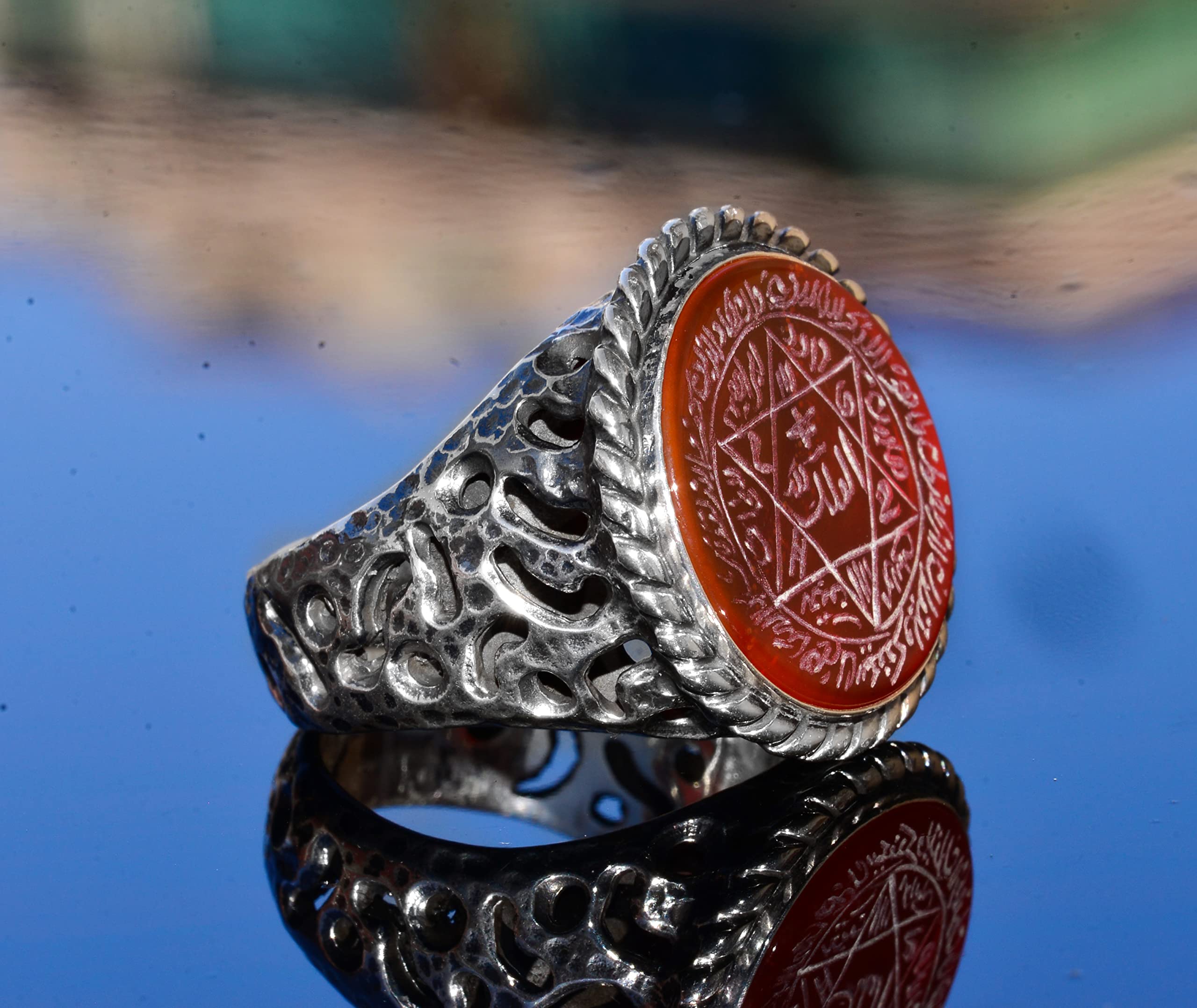 KAMBO - Anillo árabe hecho a mano con piedra cornalina, anillo de plata de ley para hombre, emblema de estrella de Salomón, símbolo de valor y vitalidad, Plata, Cornalina