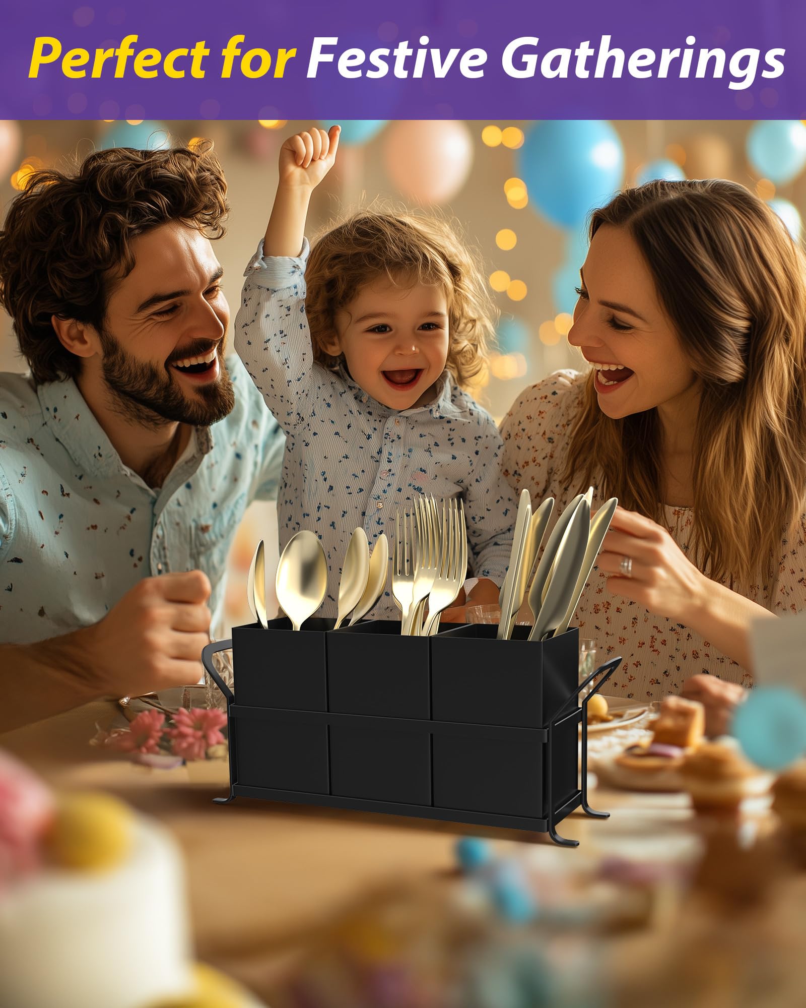 Organizador de cubiertos para fiestas, soporte negro para utensilios de cocina, organizador de metal compacto para cubiertos, cubiertos, cucharas, tenedores y cuchillos, bonito recipiente