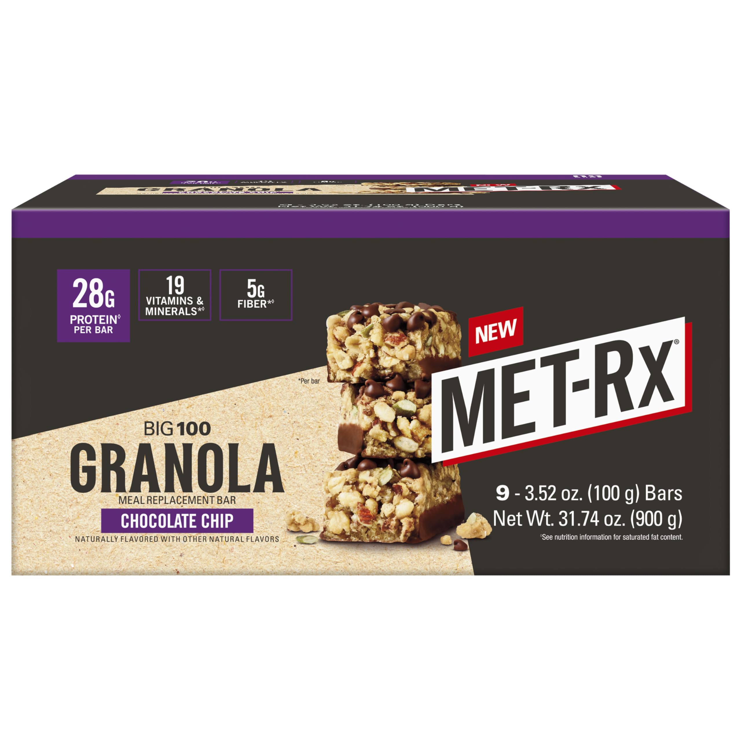 Big 100 Granola Protein Bar, Meal Replacement Bar, 32G Protein, Chocolate Chip, Pack of 9