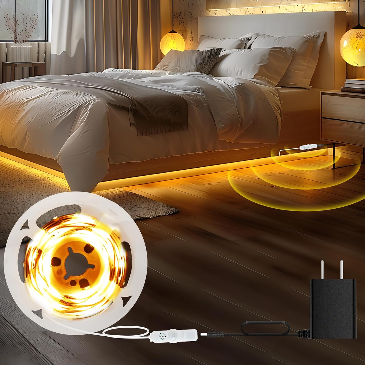 Motion Sensor Led Light Strip – 10FT Under Bed Lights Under Cabinet Lighting, Motion Activated Led Light Strip for Bedroom, Warm White LED Closet Lights Motion Sensored Under Cabinet Lights Indoor