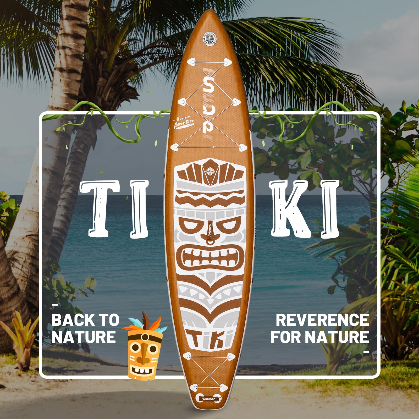 FunWater Tavola da paddle gonfiabile retrò Tiki 3 anni di garanzia Stand up Paddle Board extra lunga e larga 11'6'' x 33'' con pompa、Deck Bag、Double Ended Paddle 、Seat、SUP tracolla