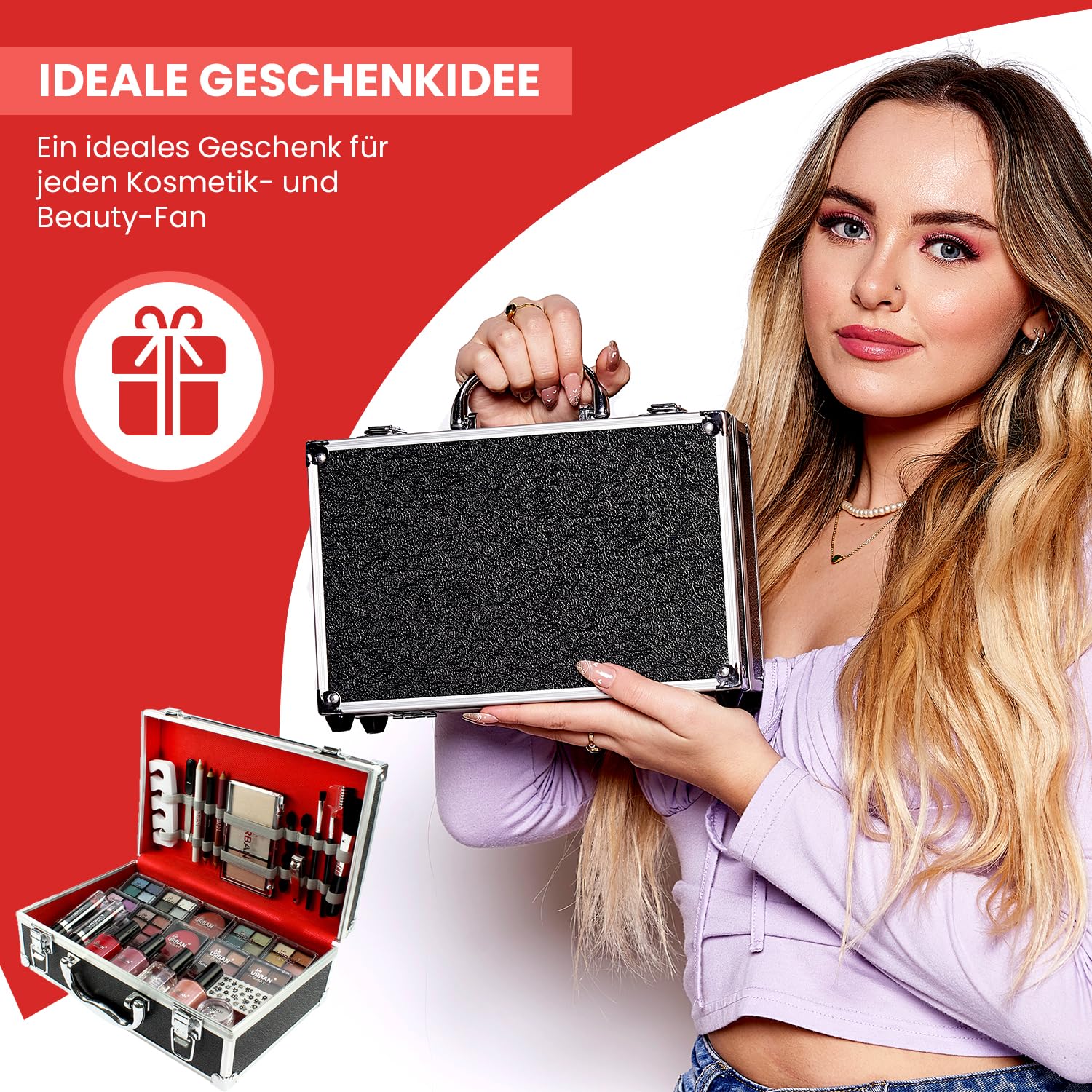 Love Urban Beauty Veganes French Maniküre Makeup Box - 76-teiliges Makeup Set - Enthält Lidschatten, Highlighter, Lippenstift, Rouge, Pinsel, Maniküre Zubehör - Idealer Schminkkoffer für Zuhause