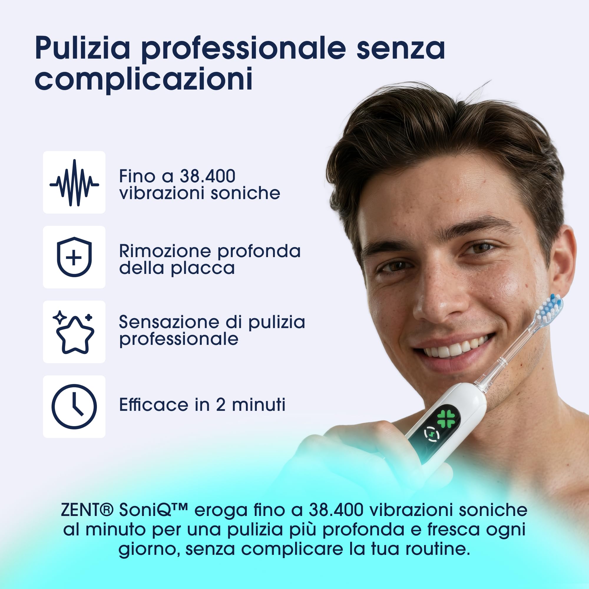 ZENT Spazzolino elettrico sonico 2in1, Spazzolino elettrico oscillante rotante, Pulizia denti automatica, 4 modalità di funzionamento, Impermeabilità IPX7, Copri da viaggio Cavo USB-C incuso, BIanco