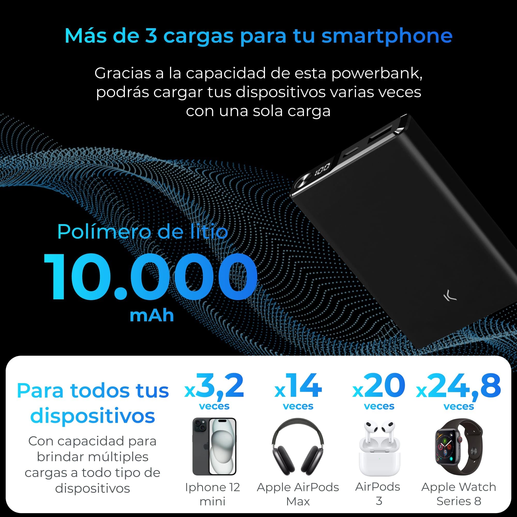 KSIX Powerbank Magnética, Batería Externa 10000 mAh, Carga Rápida 22,5W, Power Delivey, Compatible, Power Delivery, 22,5 W, Cable USB-A a USB-C, Carga simultánea, Negro