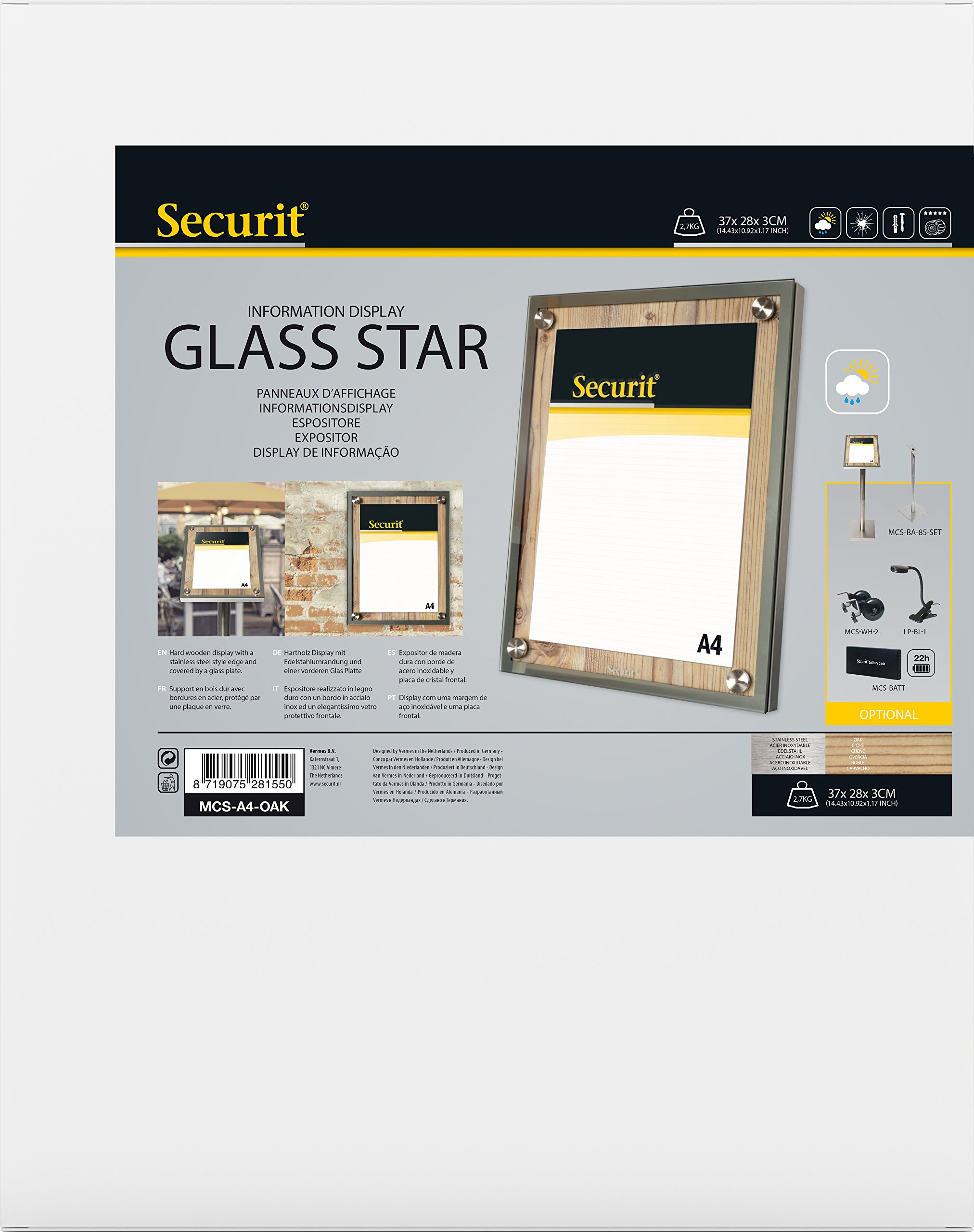 SECURIT - Expositor Glass Star A4 - Roble - 28 x 37 x 3 cm | Montaje en Poste o Pared - Borde de Acero Inoxidable