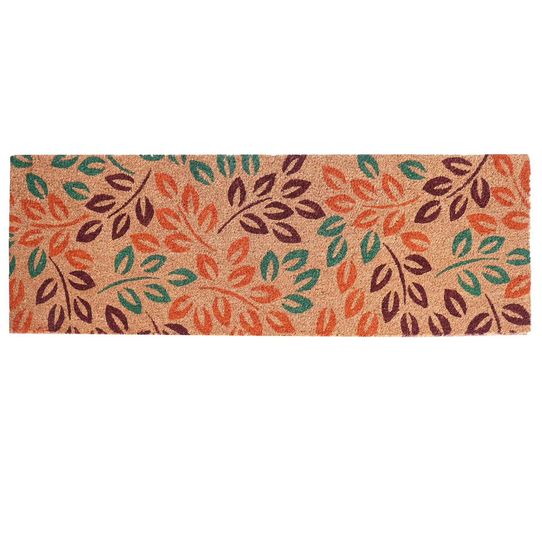 Extra Long Printed Coir Doormat 40x125cm Non-Slip Backing Large Natural Runner for Hallway Entrance Indoor Outdoor Dirt Trapping Heavy Duty Coconut Fibre Mat [Leaves]