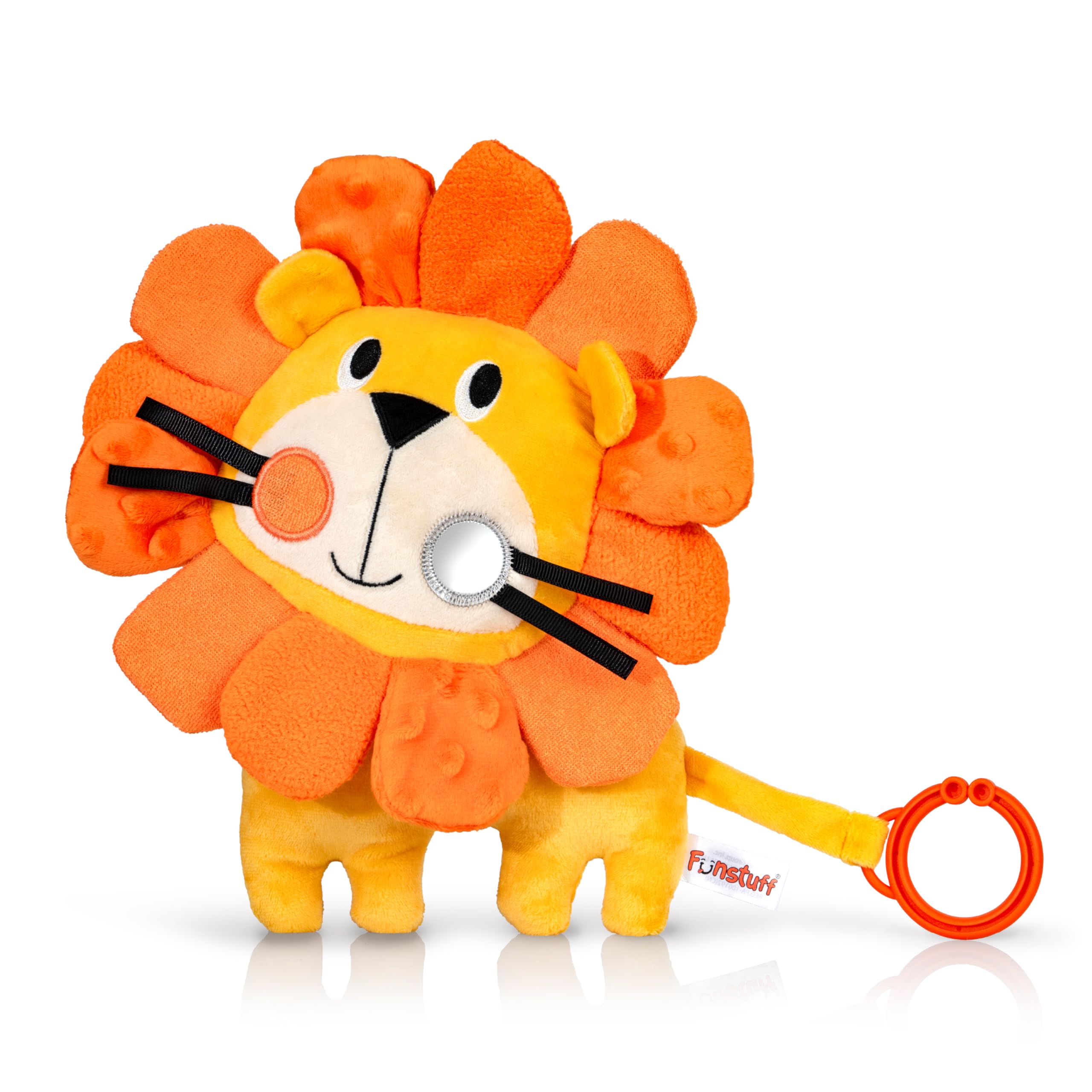 Funstuff Roary The Lion Sensory Toy Stuffed Animal with Crinkle Sound, Textured Tags, and Teether Ring for Babies & Toddlers (Ages 0+)