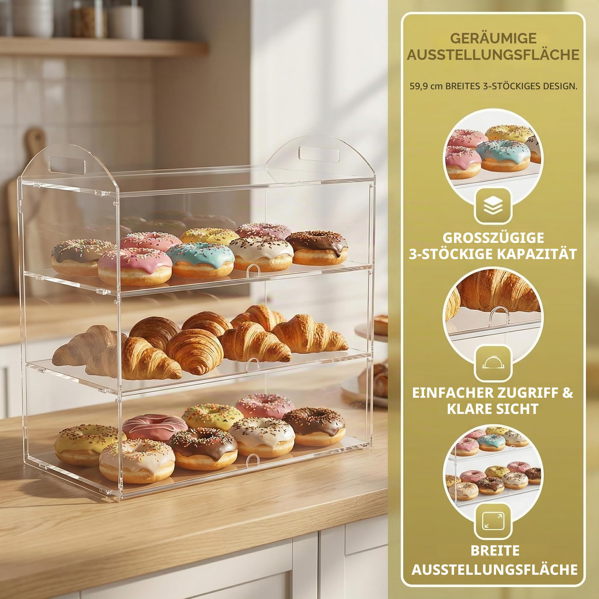 3-stöckige Bäckerei-Vitrine mit Griff, 59,9 x 30 x 47,2 cm Theke, kommerzieller Gebäckständer, transparente Acryl-Präsentationsbox für Dessert, Donut