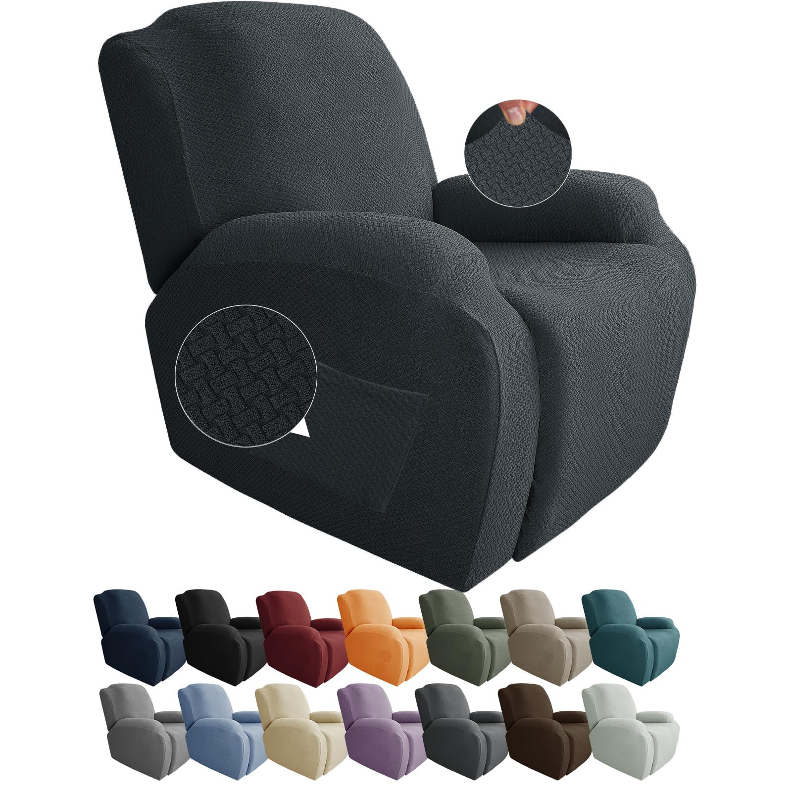 JIVINER 4 Piece Recliner Chair Covers Stretch Jacquard Recliner Slipcovers for Living Room Soft Reclining Chair Cover Furniture Protector with Pocket (Recliner, Dark Gray)