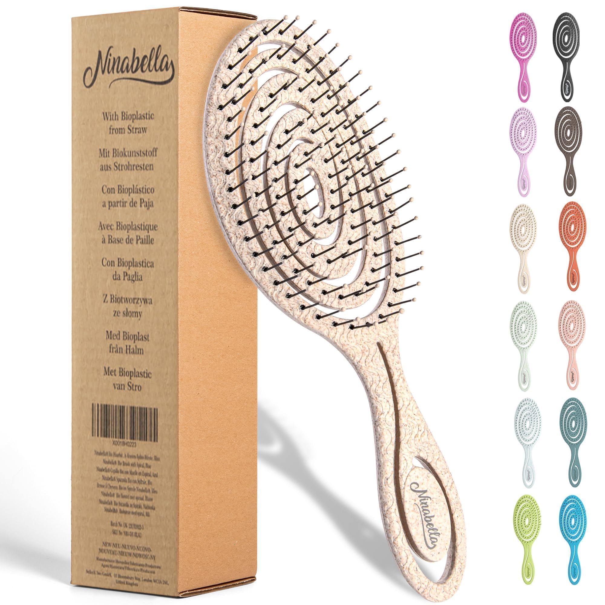 Ninabella Organic Detangle Hair Brush for Women, Men & Children - Does not Pull the Hair - Hair Straightening Brushes for Curly, Straight & Wet Hair - Unique Spiral Hairbrush