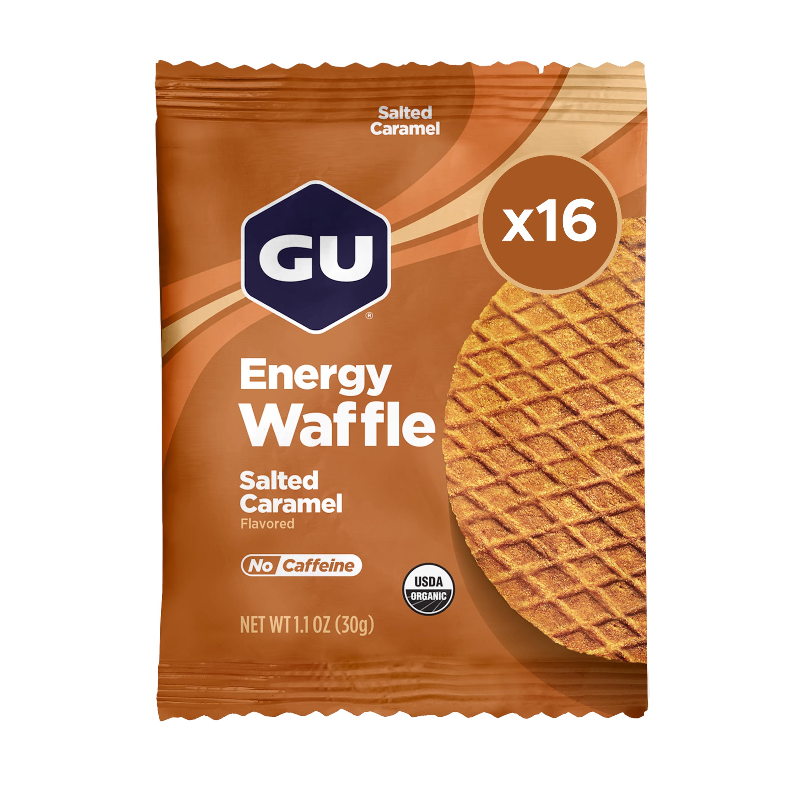 GU Energy Stroopwafels, Salty's Caramel 16 Pack - Dutch Syrup Waffle with Carbs, Amino Acids & Electrolytes - High Energy Snacks for Hiking, Running & Cycling