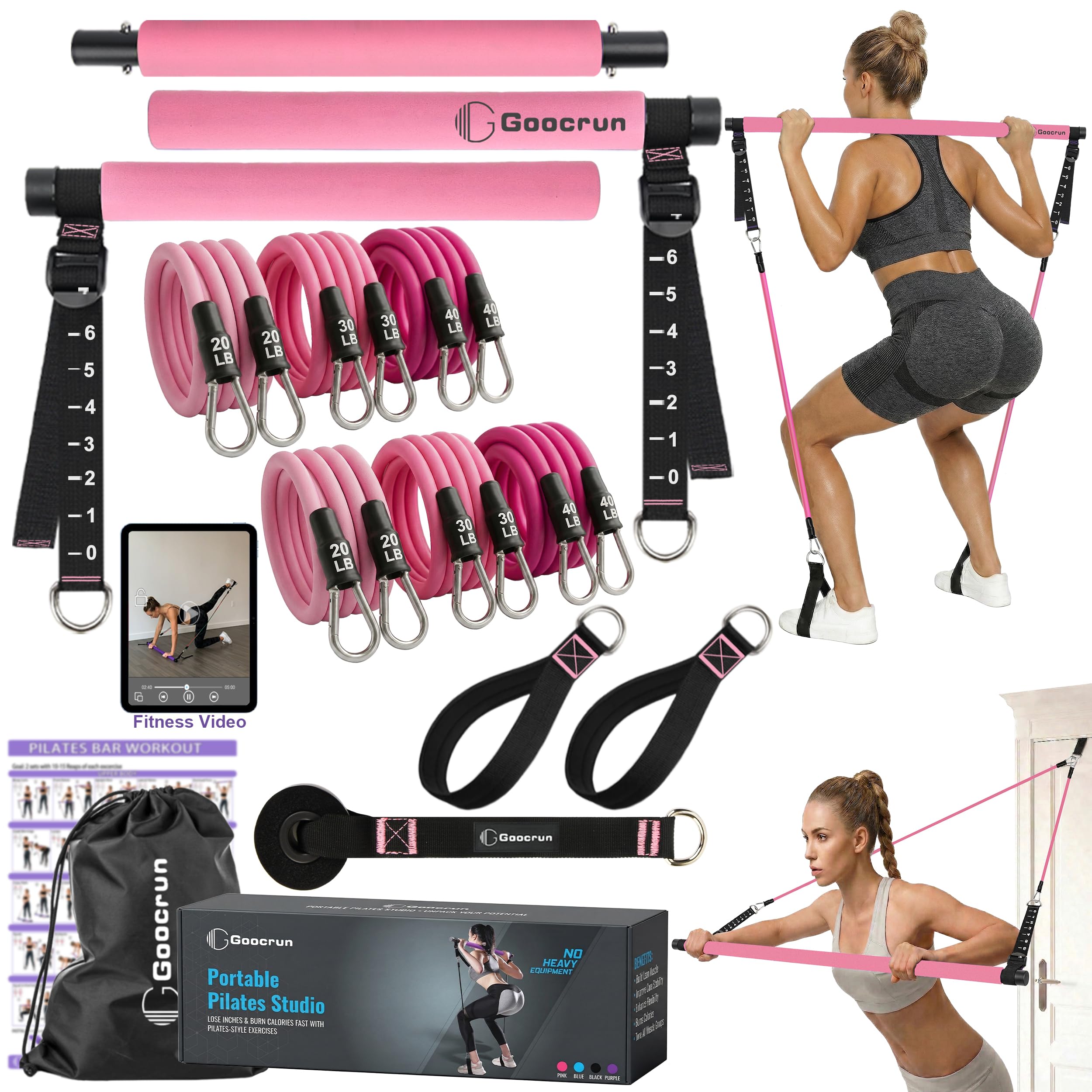 Goocrun Pilates Bar Kit with Resistance Bands for Men and Women - 3 Set Exercise Resistance Bands - Portable Multifunctional Home Gym - Supports Full-Body Workouts – with Fitness Poster and Video