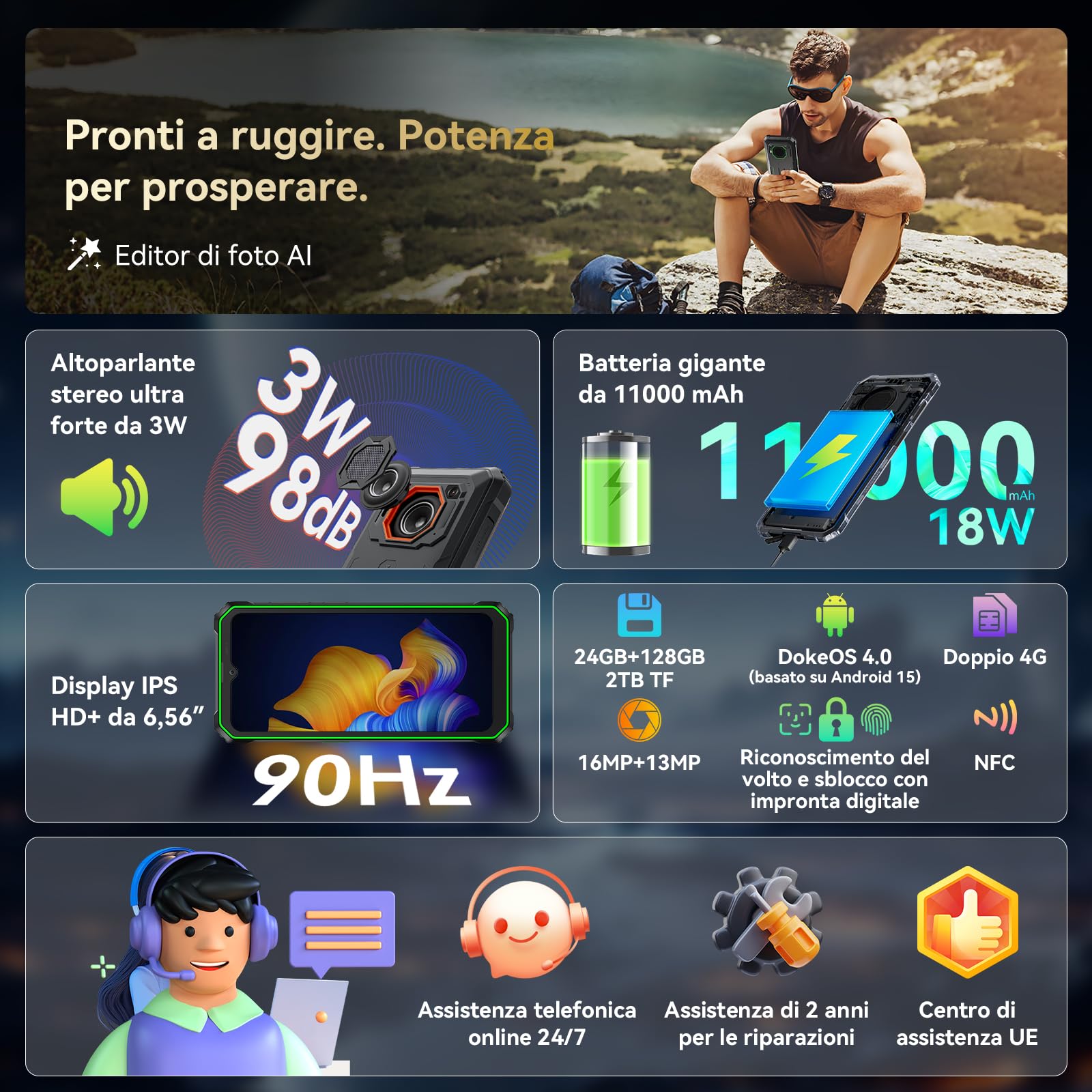 Blackview BV6200 Plus Rugged Smartphone 2026, Batteria 11000mAh Telefono Indistruttibile 24GB+128GB/2TB TF, 6.56" HD+, 98dB Altoparlante, Fotocamera AI 16MP+13MP, Fingerprint/NFC/GPS/3 Anni Garanzia