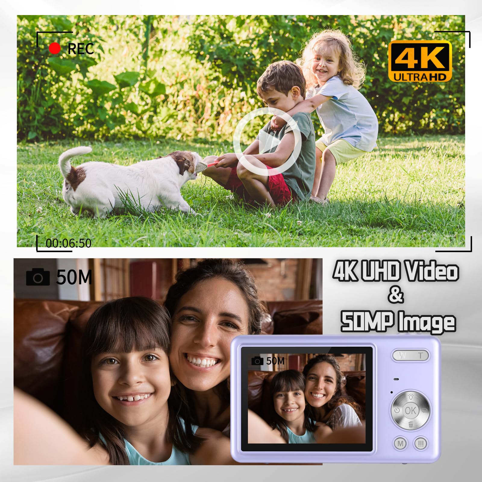 Fotocamera Digitale 4K 50MP, Macchina Fotografica Compatte per Ragazzi, Zoom 16X, Schermo LCD da 2,4", Scheda 64G, Batteria Integrata, Ideale per Bambini, Adolescenti, Principianti, Lilla