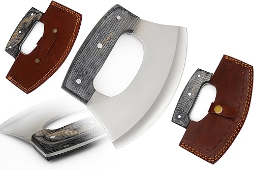 Miniatura 2 de Cuchillo Ulu hecho a mano para cortar pizza, cuchillo oscilante, cuchillo mezzaluna con funda para cortar, cortar, acampar, al aire libre, cocina