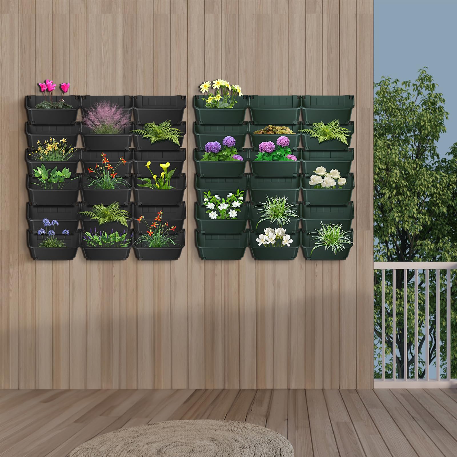 Juego de 18 macetas verticales de pared con sistema de riego por goteo, 350ml, para pared, 70kg, jardín vertical para balcón o jardín, 33*14*18.5cm, Negro